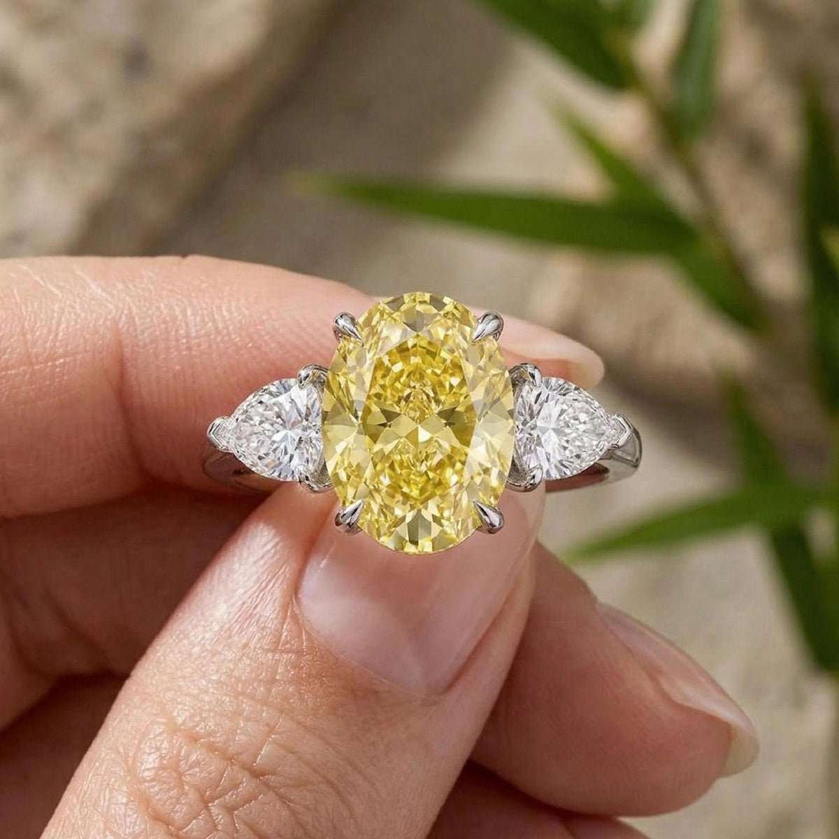 Oval Lab Grown Yellow Diamond Three Stone Engagement Ring, 950 Platinum, IGI Certified