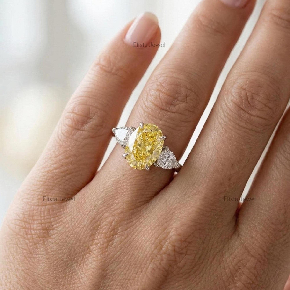 Oval Lab Grown Yellow Diamond Three Stone Engagement Ring, 950 Platinum, IGI Certified