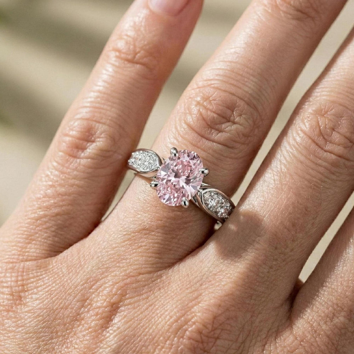 Oval Pink Lab Grown Diamond Engagement Ring, 14K White Gold, IGI Certified