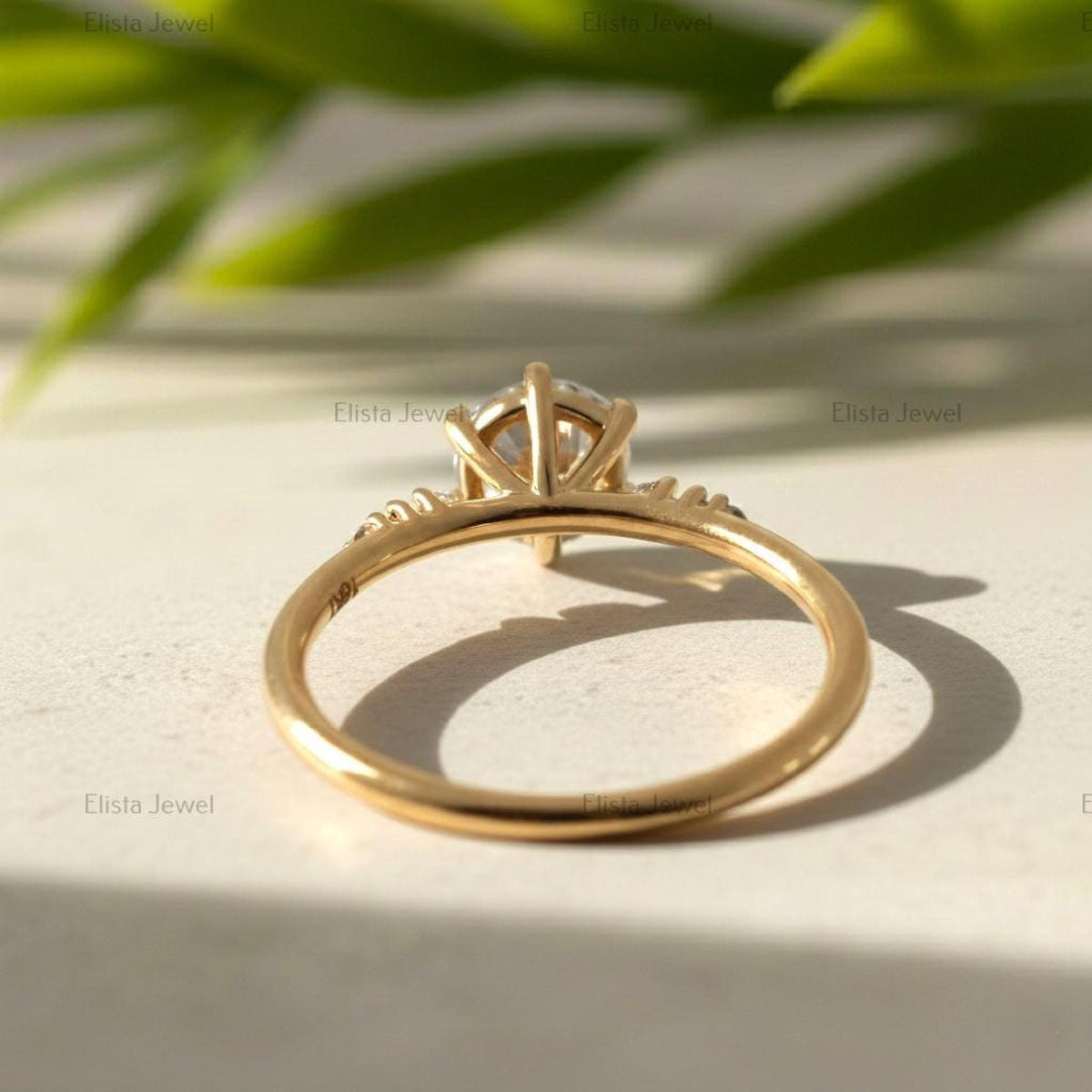 Round Diamond Ring Lab Grown Engagement 14K Yellow Gold Dainty Side Stone Band