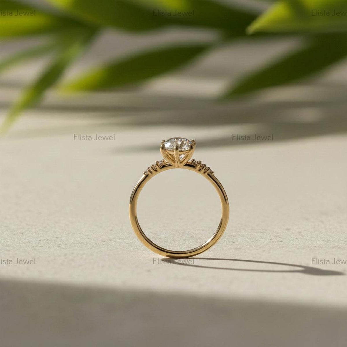 Round Diamond Ring Lab Grown Engagement 14K Yellow Gold Dainty Side Stone Band