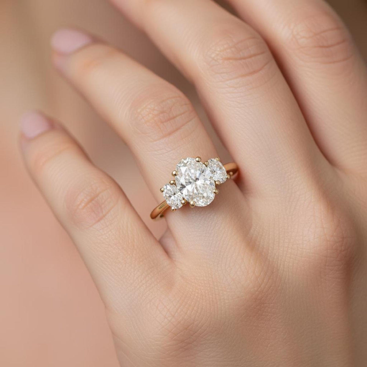 Oval Lab-Grown Diamond Three-Stone Engagement Ring, 14K Yellow Gold Trilogy Wedding Band