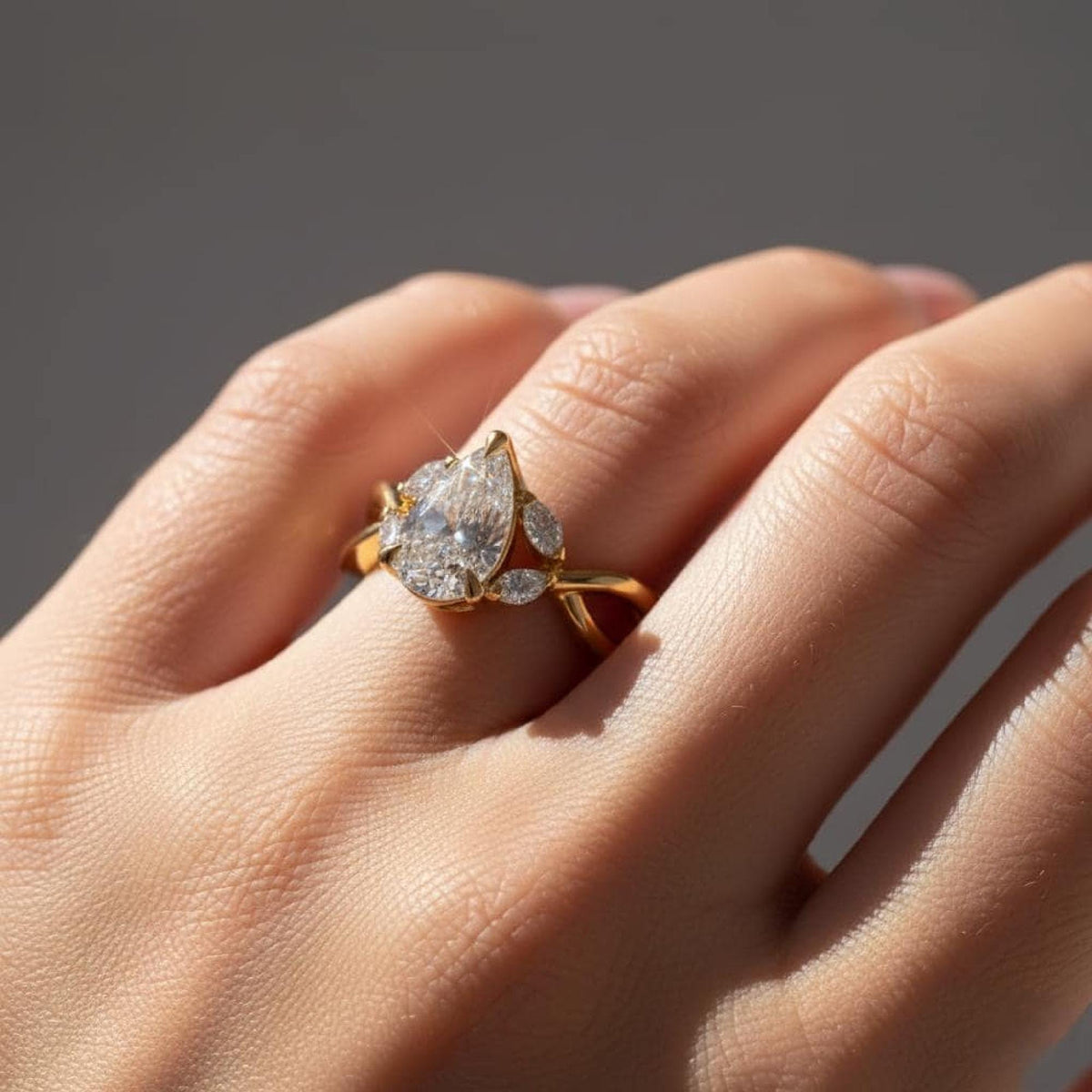 Pear Lab-grown Diamond Engagement Ring Yellow Gold Split Shank Vine Marquise Side Stones