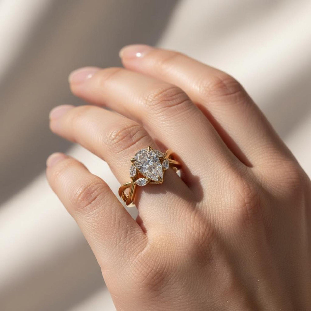 Pear Lab-grown Diamond Engagement Ring Yellow Gold Split Shank Vine Marquise Side Stones