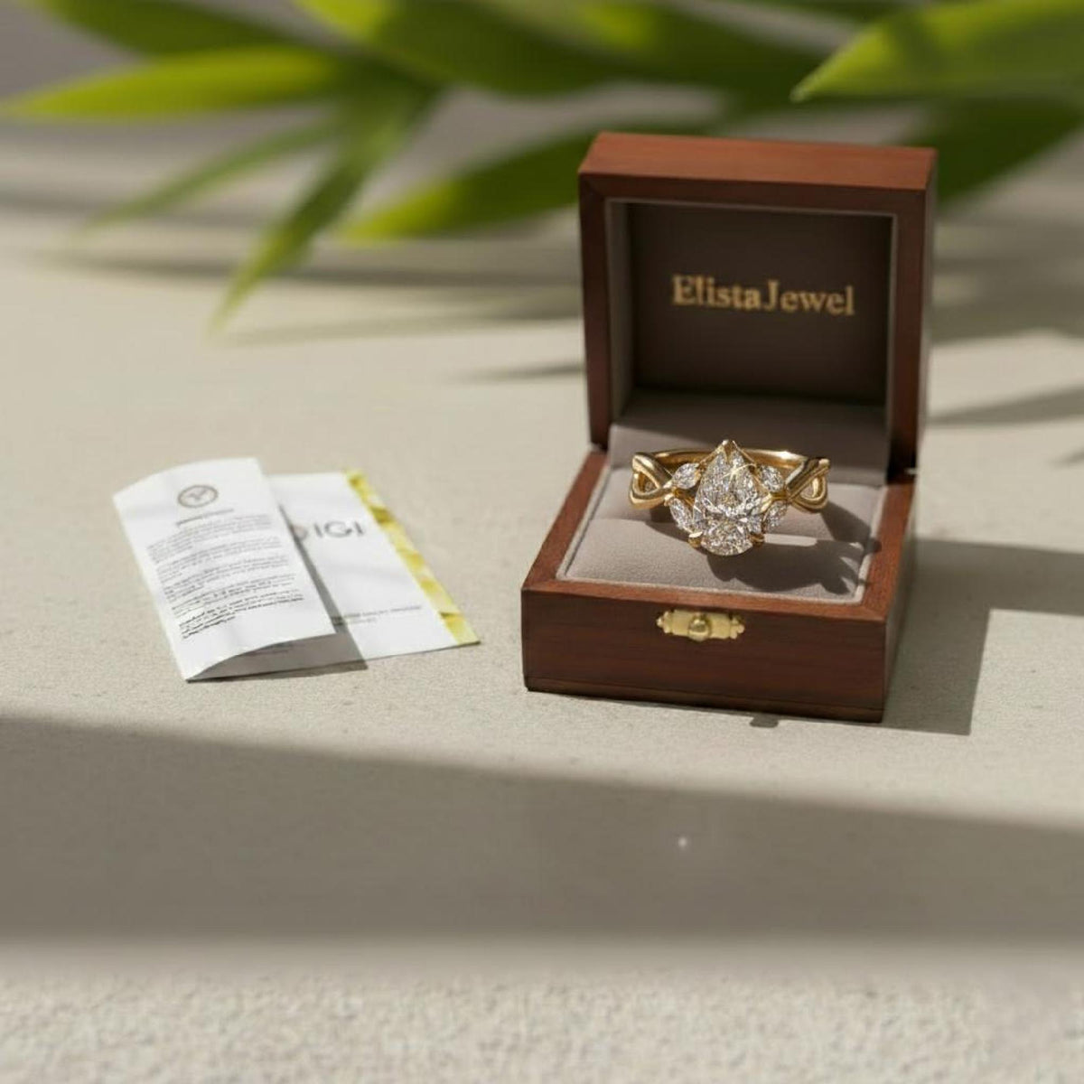 Pear Lab-grown Diamond Engagement Ring Yellow Gold Split Shank Vine Marquise Side Stones