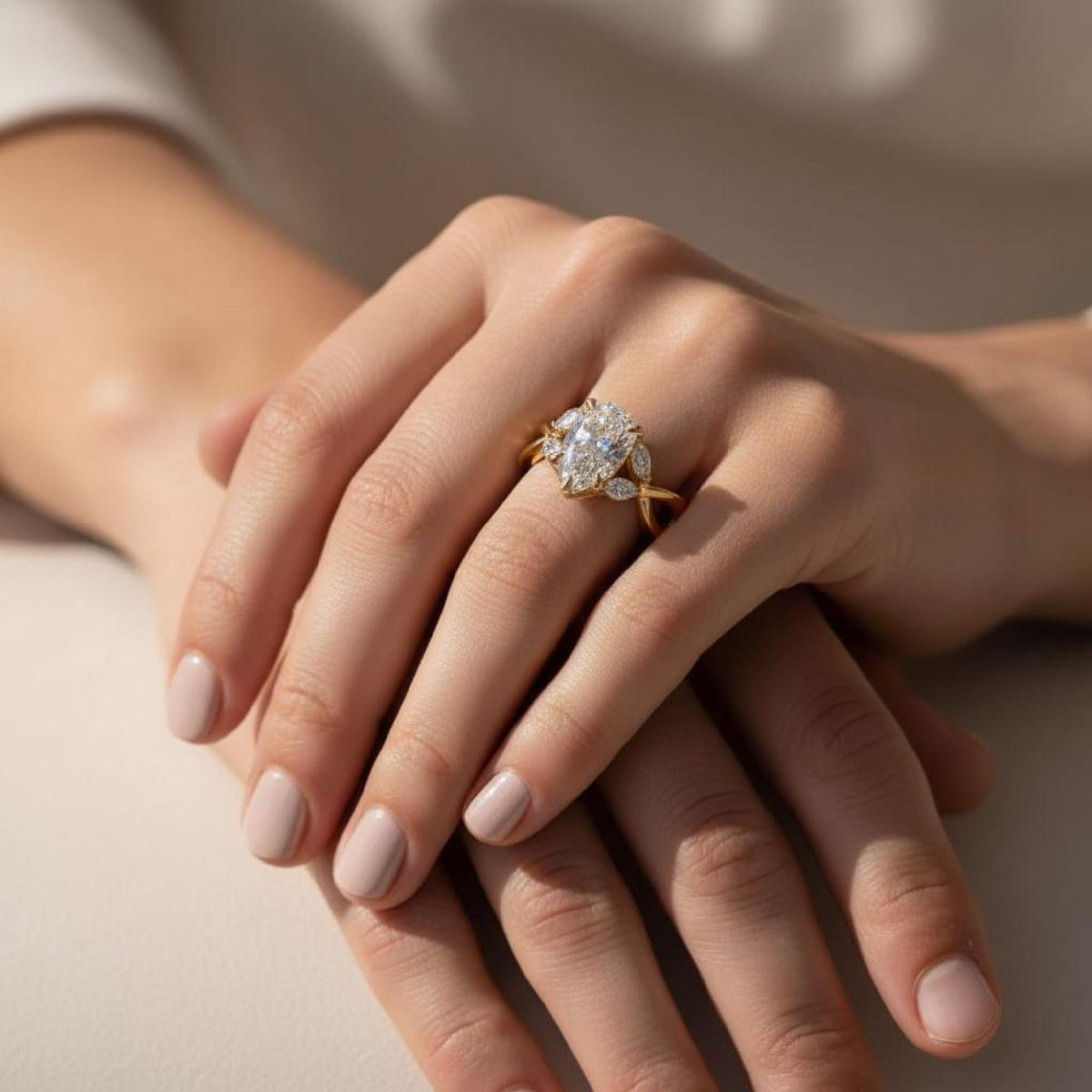 Pear Lab-grown Diamond Engagement Ring Yellow Gold Split Shank Vine Marquise Side Stones