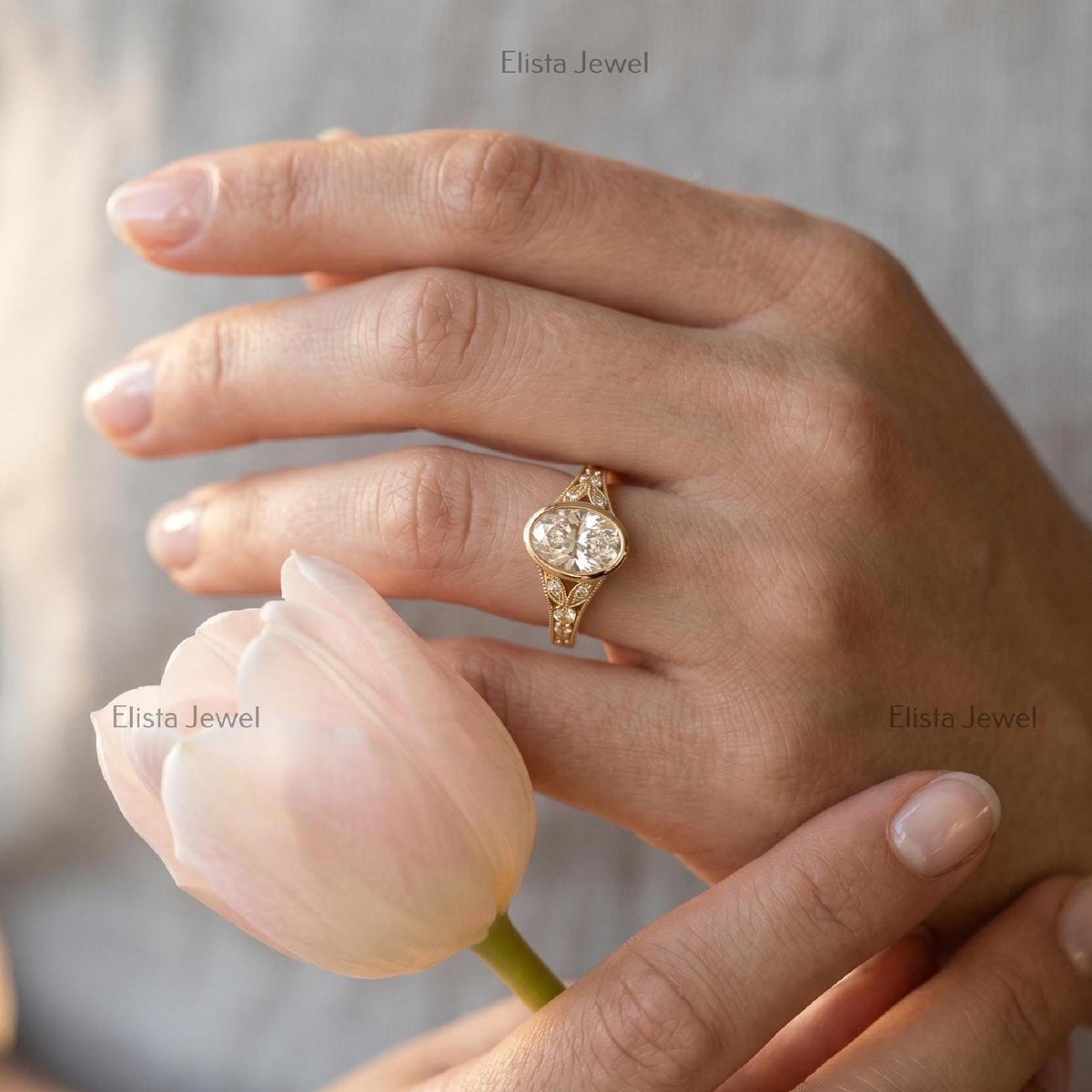 Oval Lab Grown Diamond Bezel Engagement Ring, 14K Yellow Gold Filigree Milgrain Band, IGI Certified Diamond