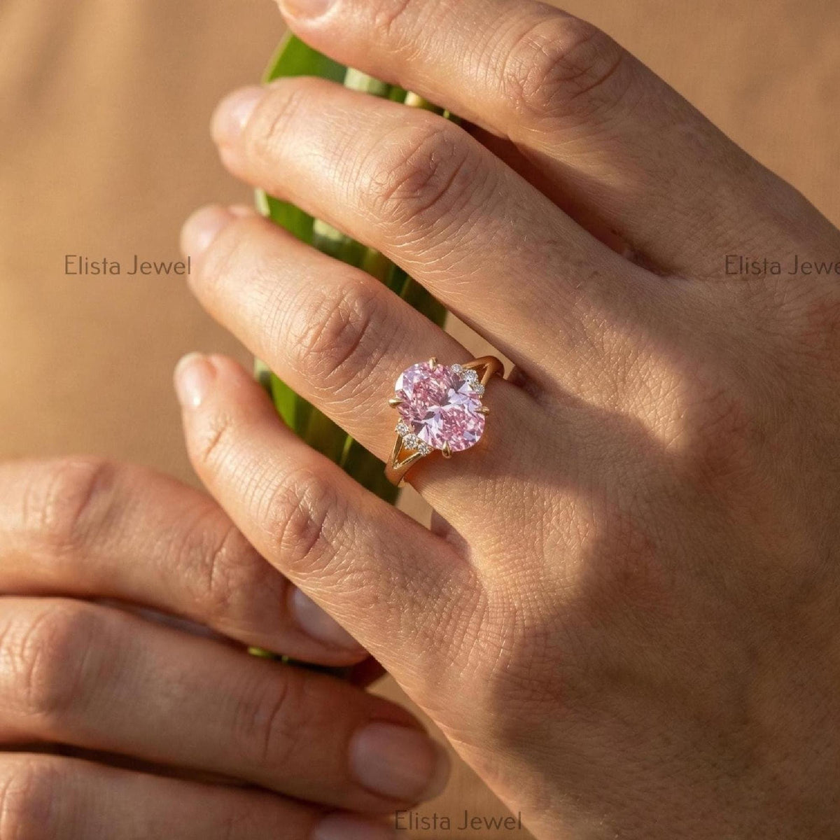 Oval Pink Lab Grown Diamond Split Shank Engagement Ring In 14K Yellow Gold