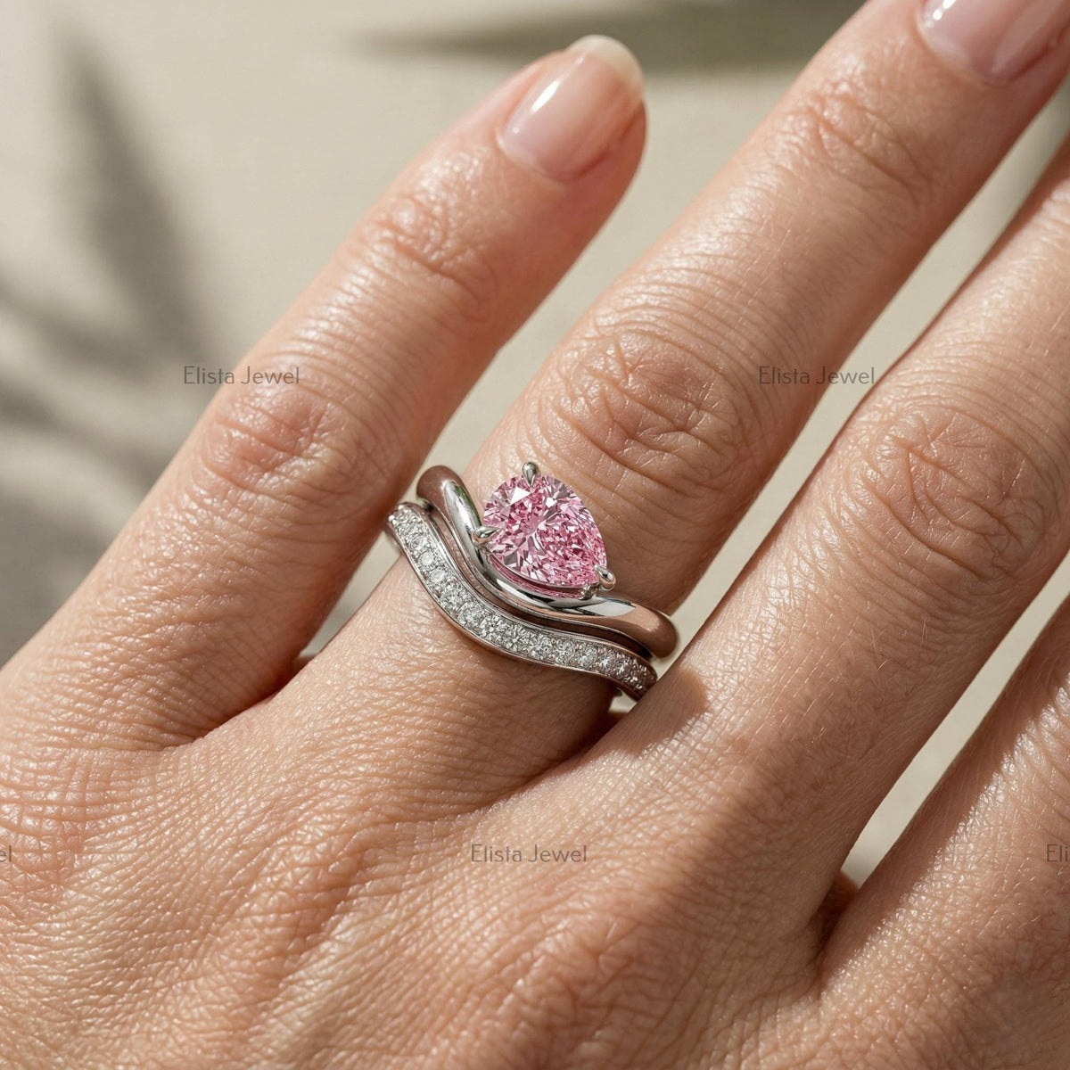 Pear Lab Grown Diamond Set, 14K White Gold Pave Band, IGI Certified Pink Ring