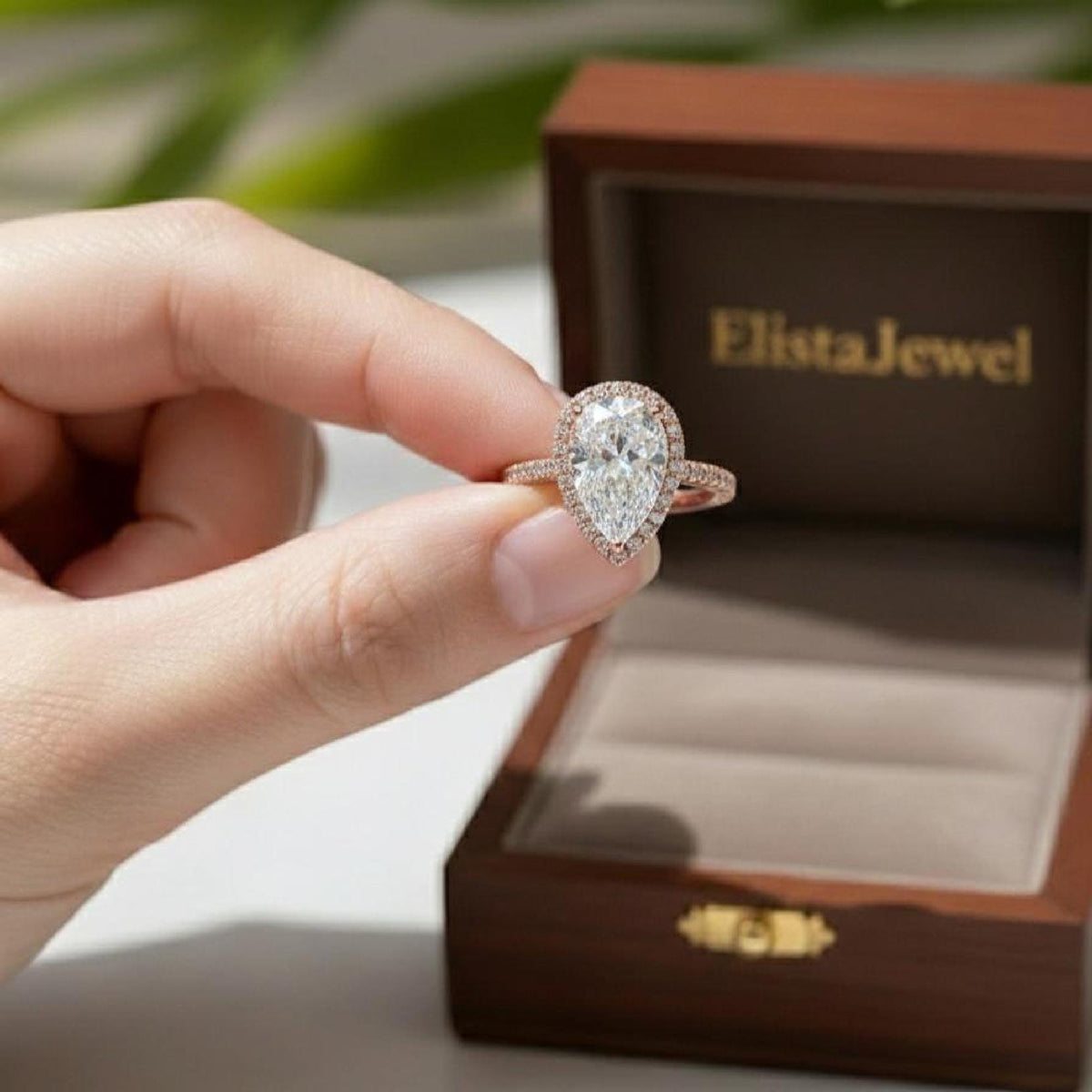 Pear Engagement Halo Ring Lab-Grown Diamond 14K Ros Gold Pavé Band