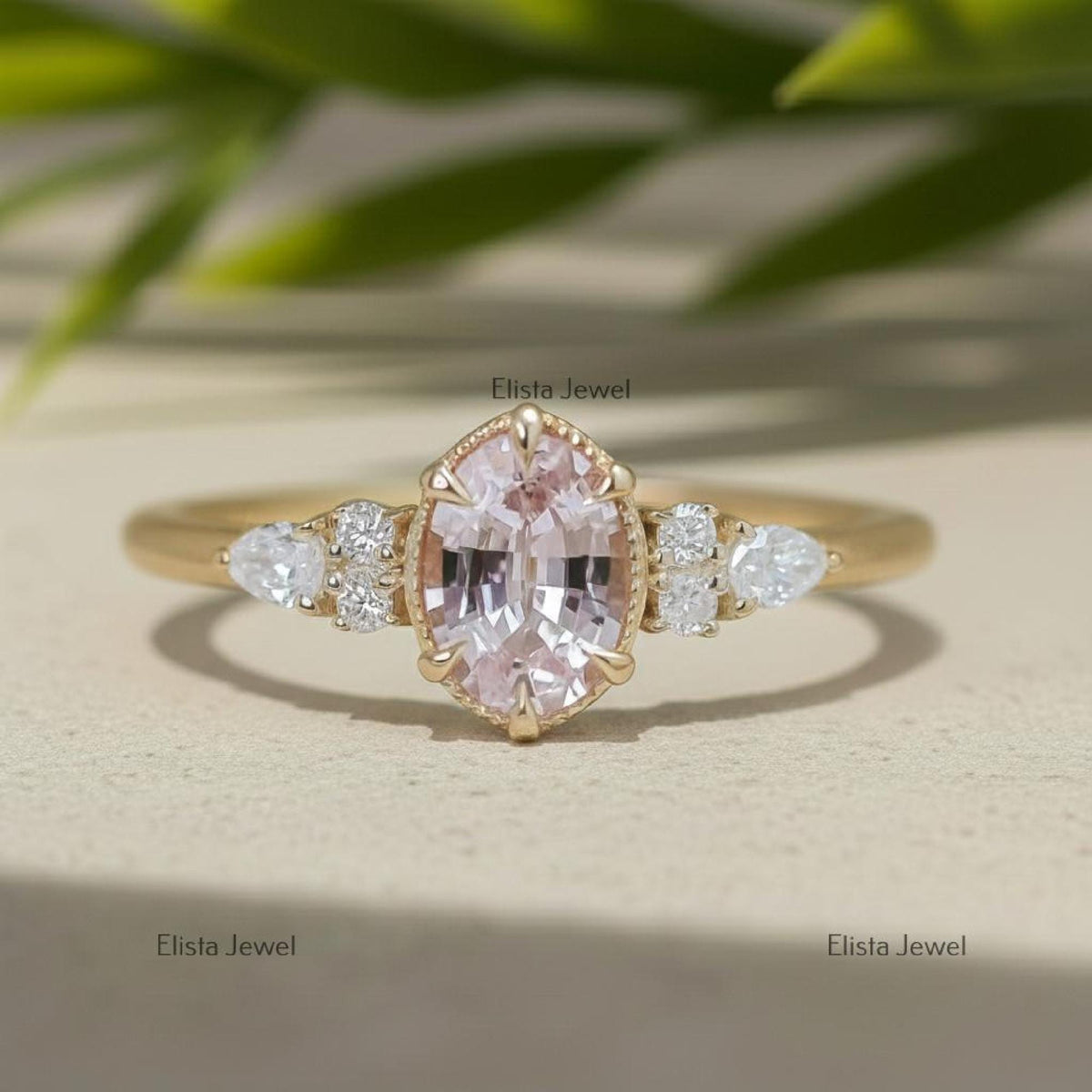 Pink Diamond Ring Fancy Oval Lab-Grown Yellow Gold Engagement