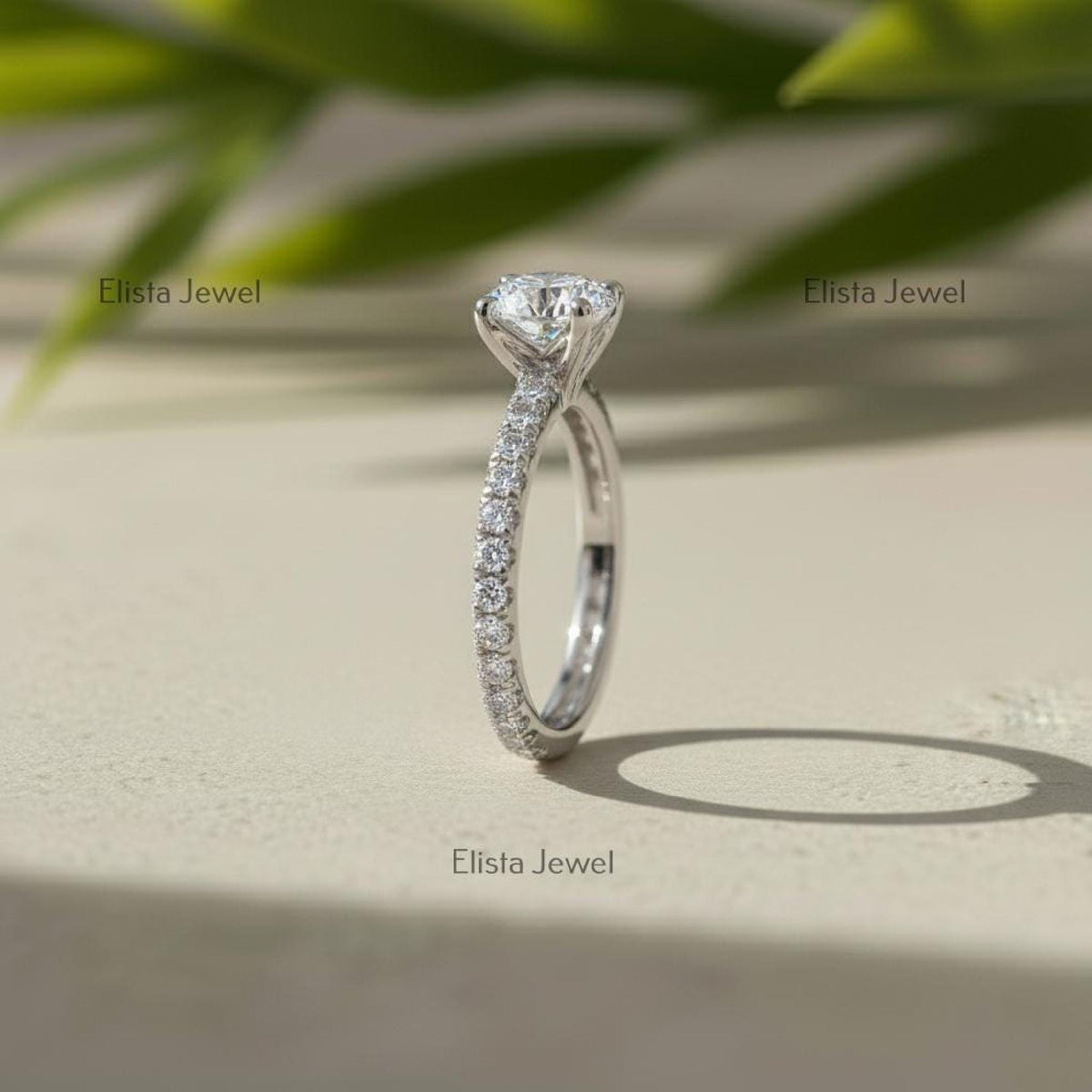 Round Lab-Grown Diamond Solitaire Engagement Ring In 14K Solid White Gold With pave setting