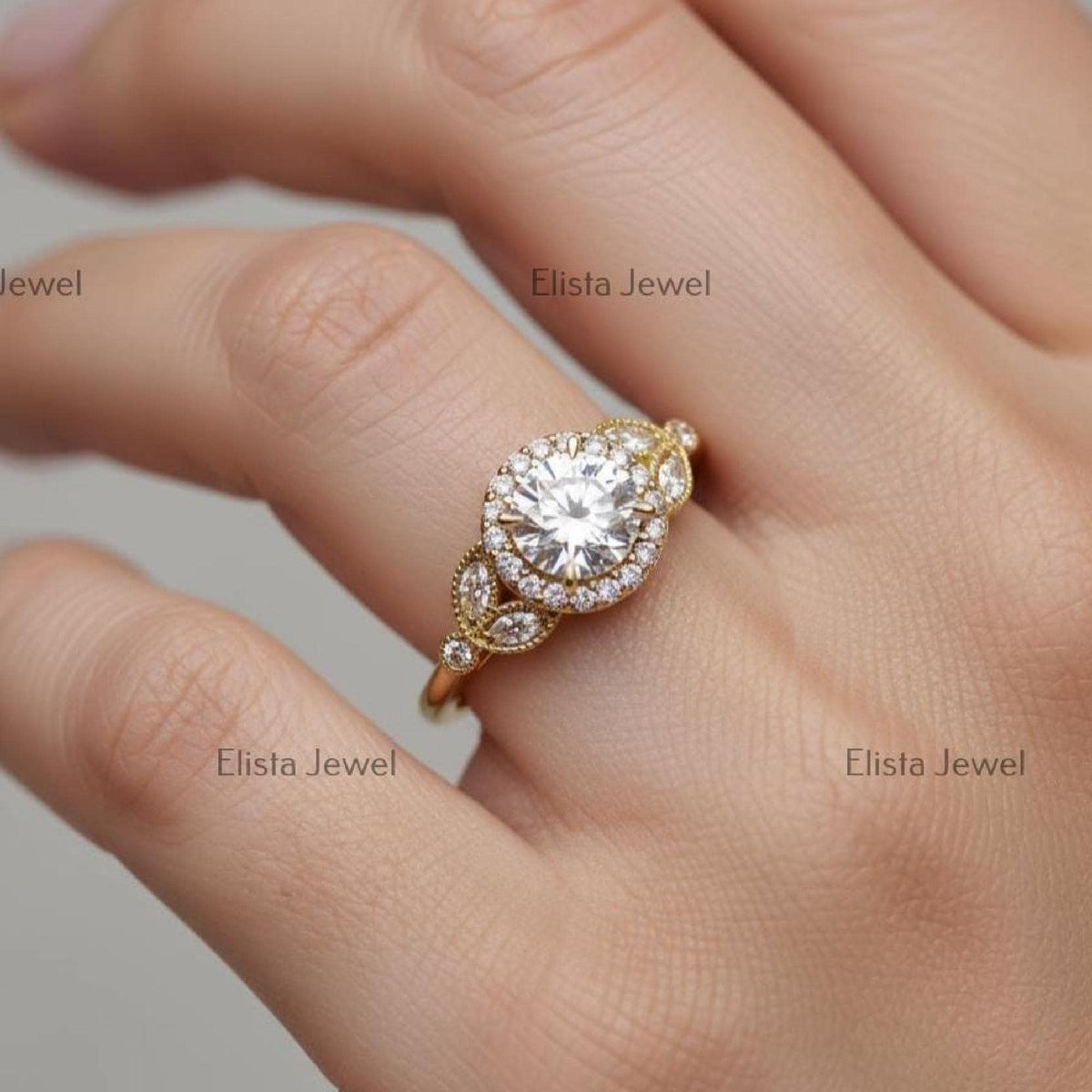 Round Diamond Halo Ring Lab-Grown Engagement 18k Yellow Gold Floral Marquise Accents