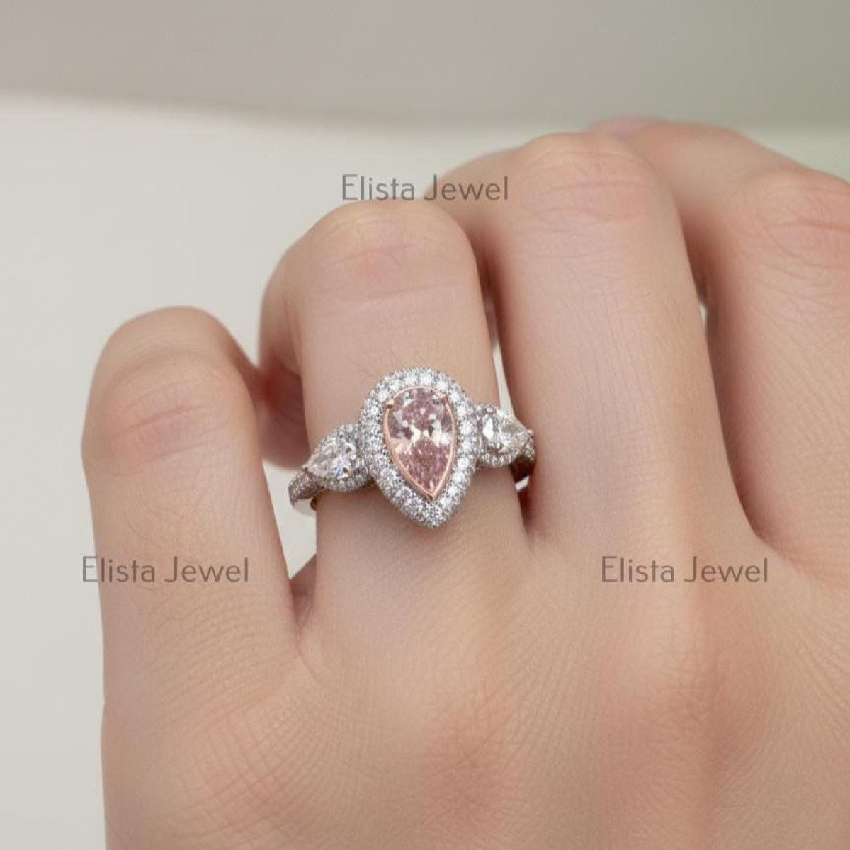 Pink Diamond Ring Fancy Pear Cut Lab-Grown Double Halo White Gold
