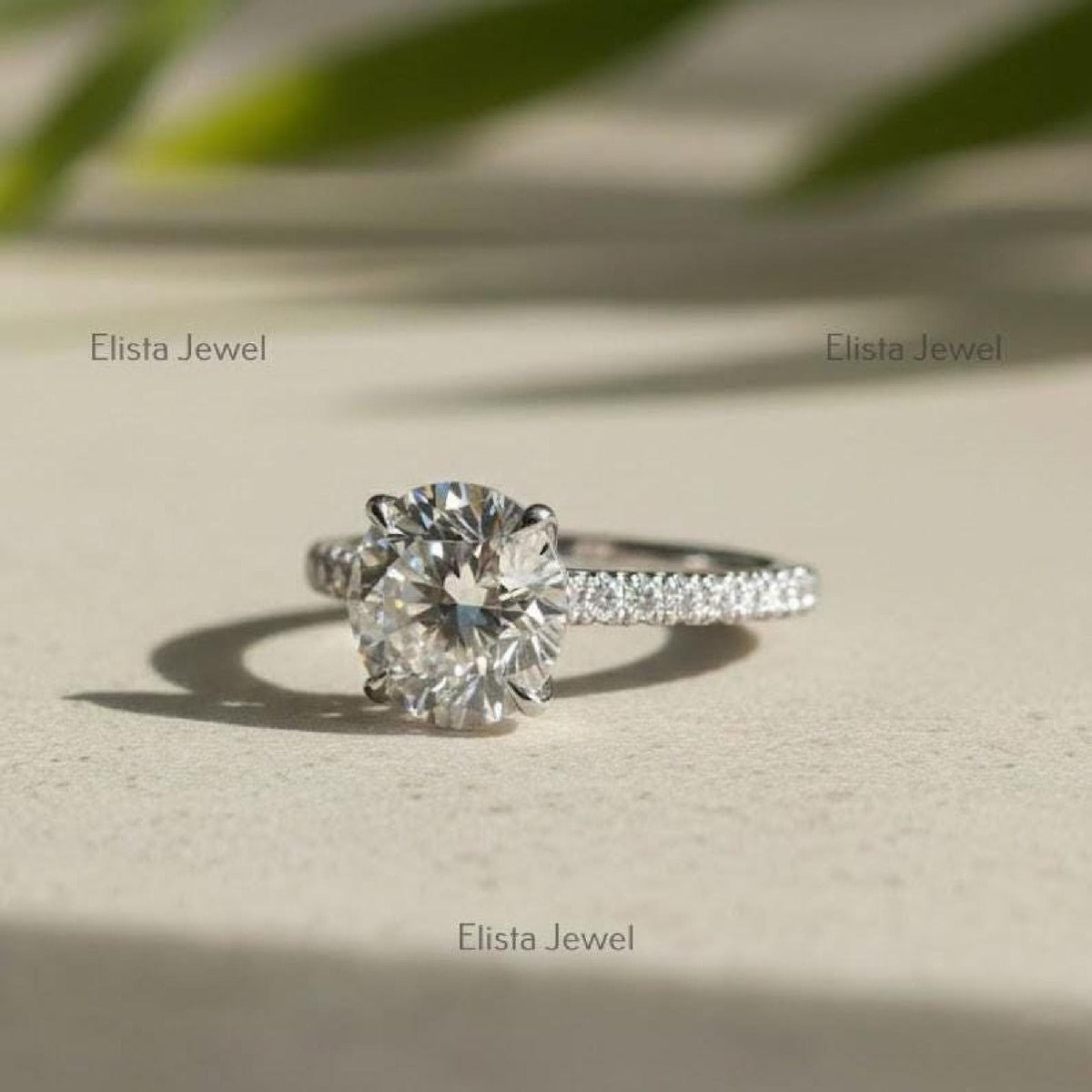 Solitaire Ring Round Diamond Lab-Grown Pave Band Engagement 10K Solid White Gold