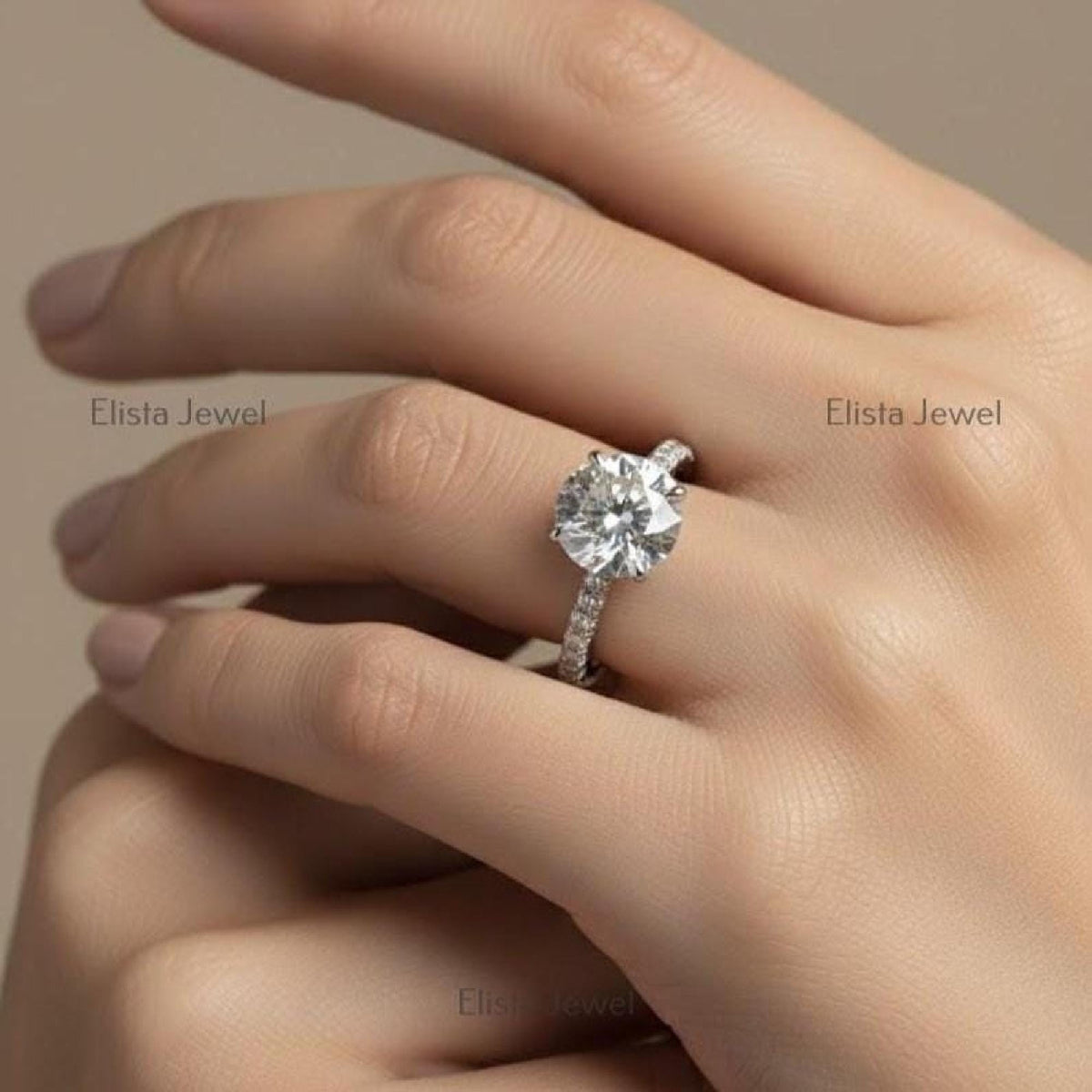 Solitaire Ring Round Diamond Lab-Grown Pave Band Engagement 10K Solid White Gold