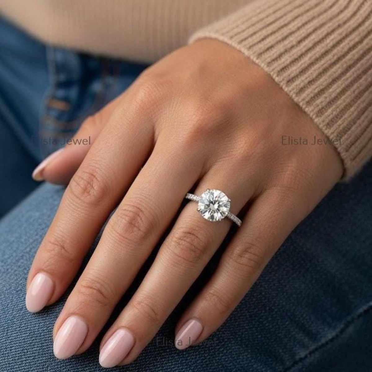 Solitaire Ring Round Diamond Lab-Grown Pave Band Engagement 10K Solid White Gold