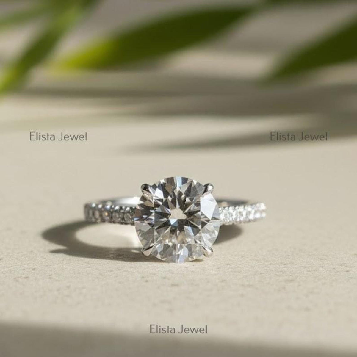 Solitaire Ring Round Diamond Lab-Grown Pave Band Engagement 10K Solid White Gold