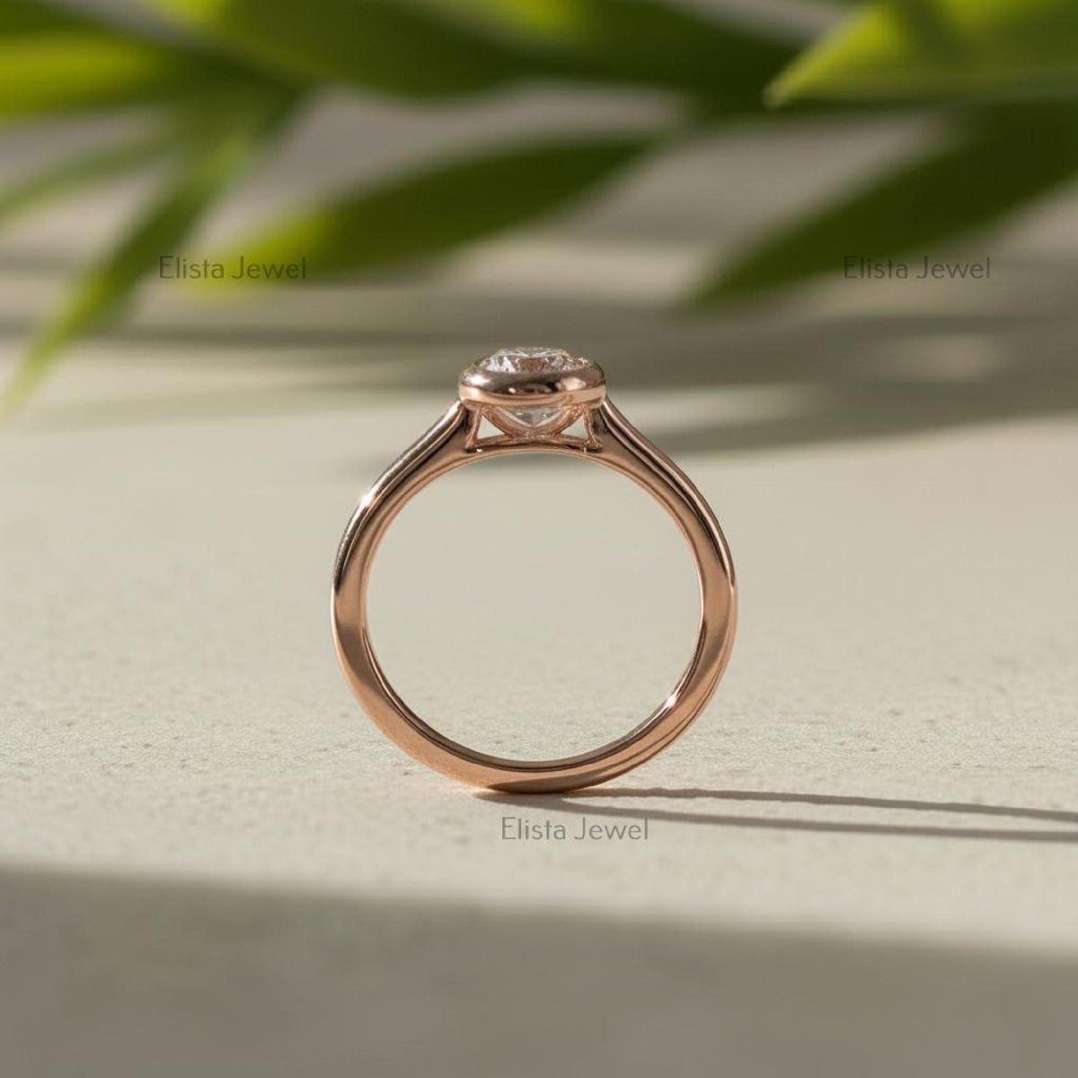 Oval Diamond Ring Lab-Grown 14K Rose Gold Bezel Solitaire