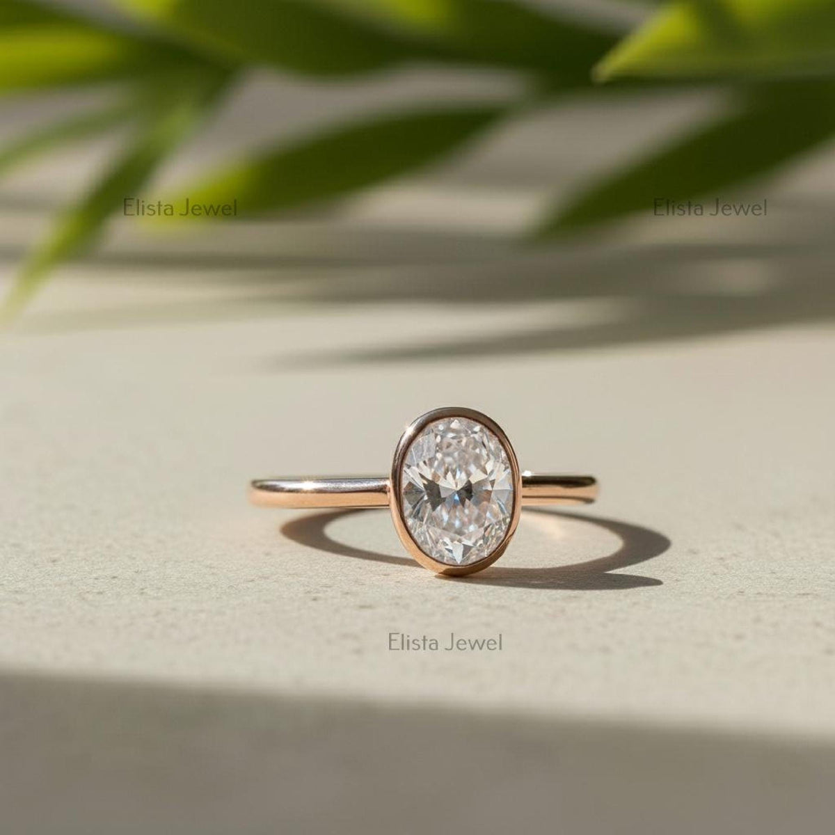 Oval Diamond Ring Lab-Grown 14K Rose Gold Bezel Solitaire