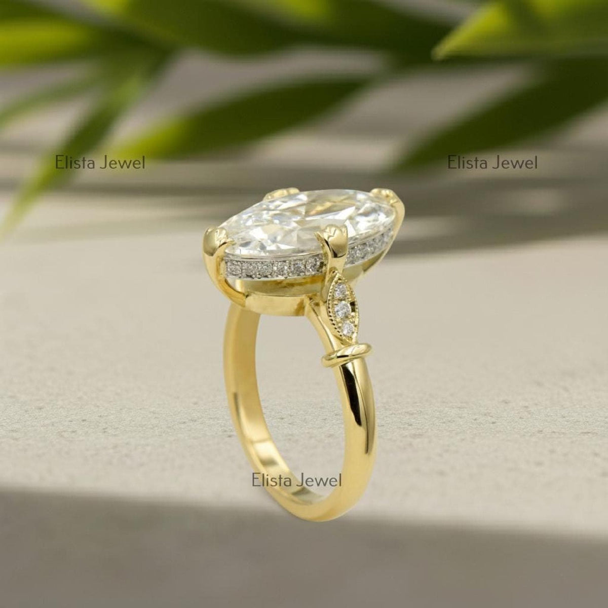 Marquise Ring Lab-Grown Diamond Engagement Ring in 18K Yellow Gold, Pave Halo Band