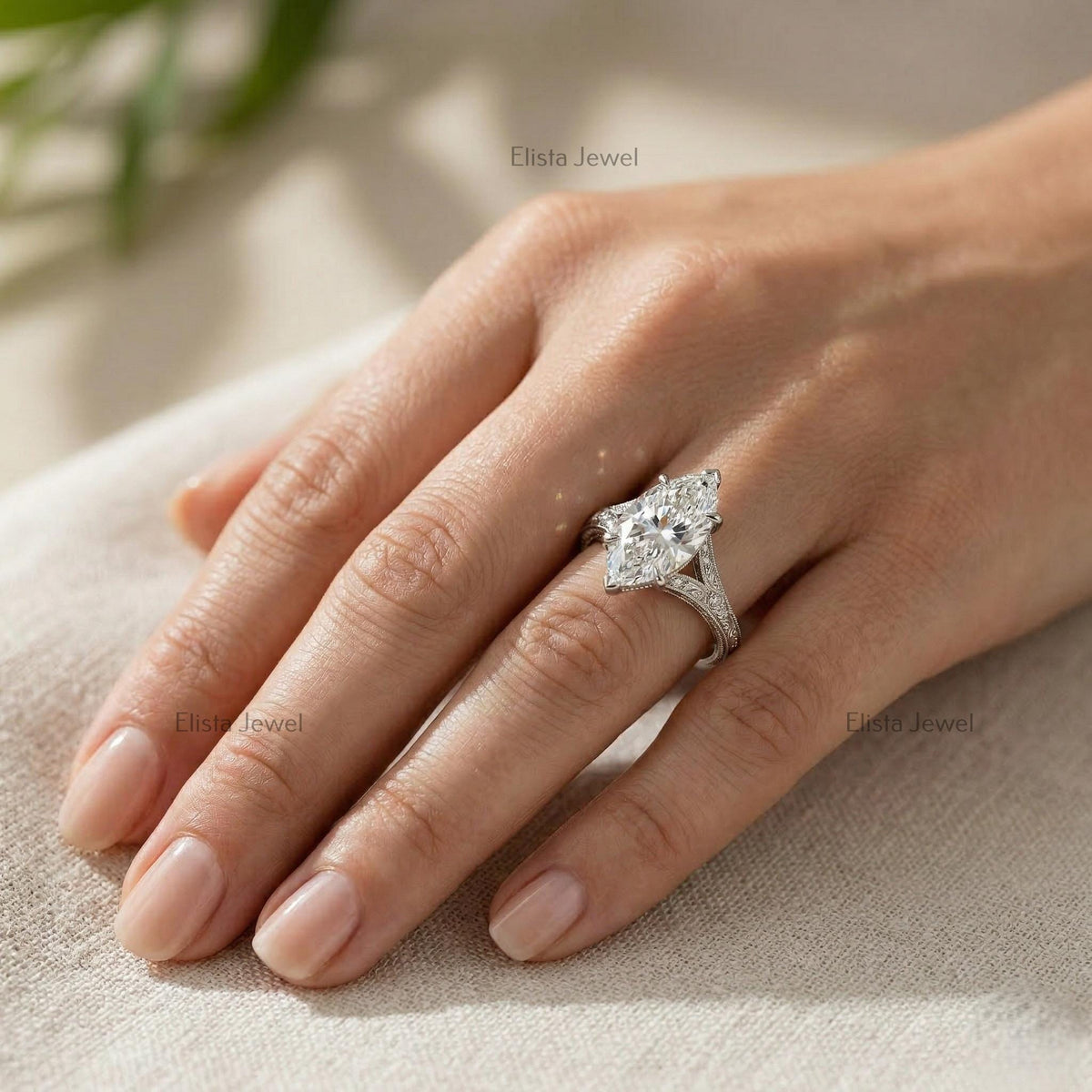 Marquise Lab Grown Diamond Engagement Ring, 14K White Gold Filigree Split Shank (IGI Certified)