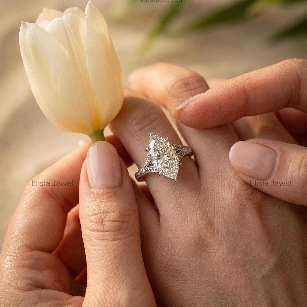 Marquise Lab Grown Diamond Engagement Ring, 14K White Gold Filigree Split Shank (IGI Certified)