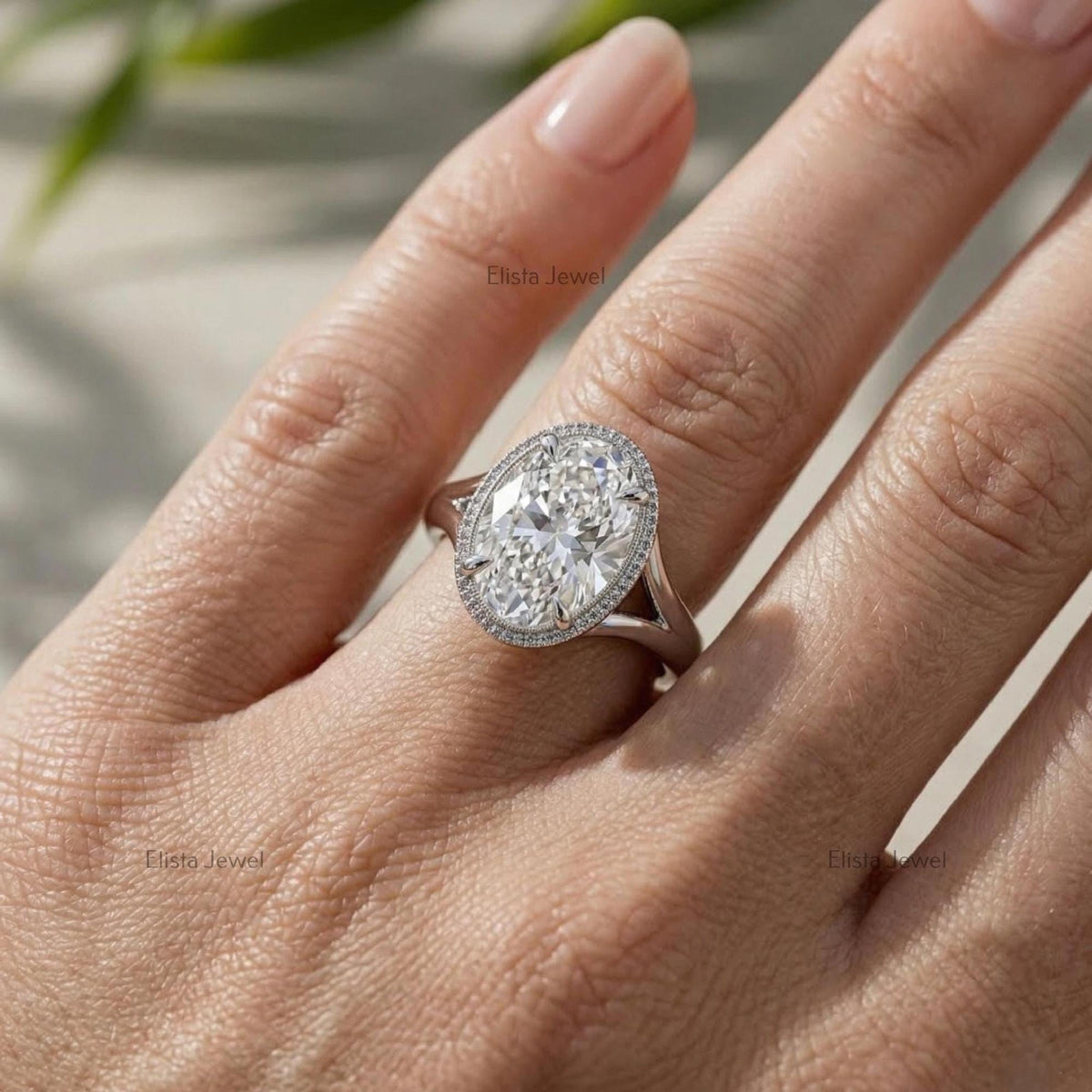 Oval Lab Grown Diamond Engagement Ring, Split Shank Milgrain Bezel, IGI Certified Statement Ring