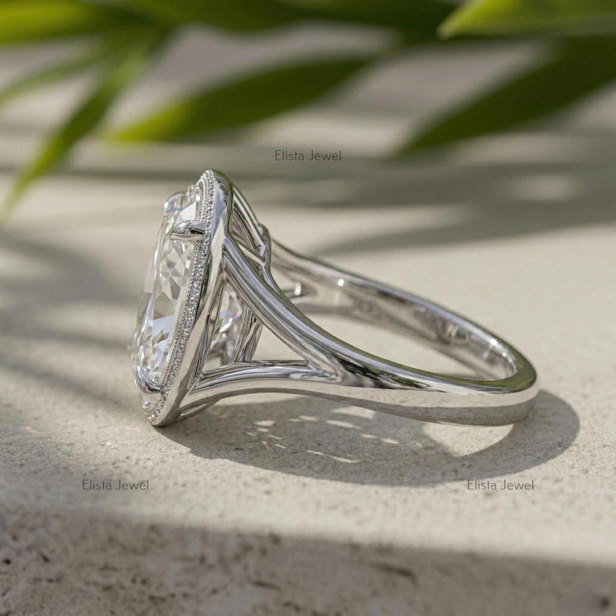 Oval Lab Grown Diamond Engagement Ring, Split Shank Milgrain Bezel, IGI Certified Statement Ring
