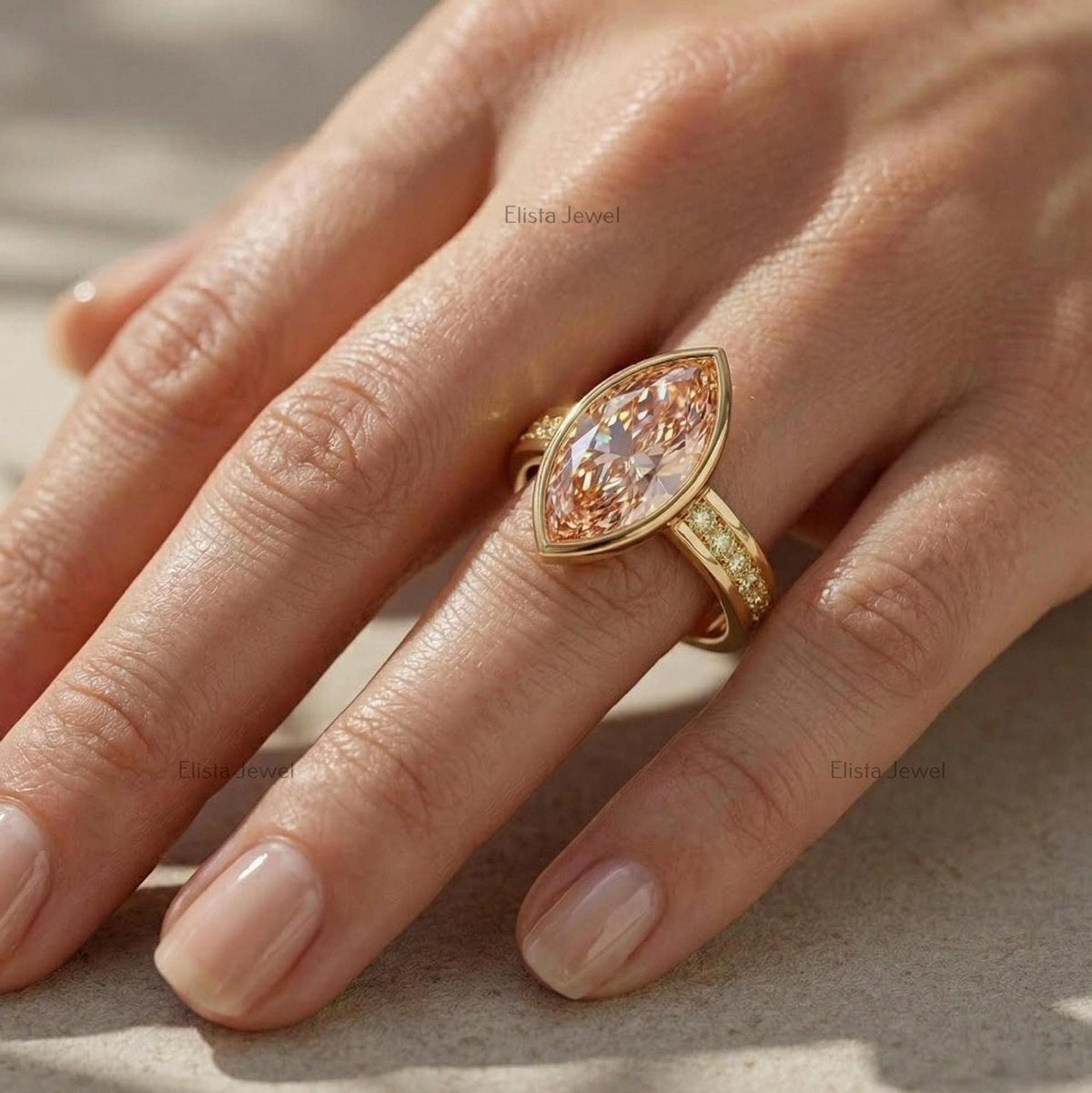 IGI Certified Pink Marquise Lab Diamond Engagement Ring, 18K Yellow Gold Channel Set