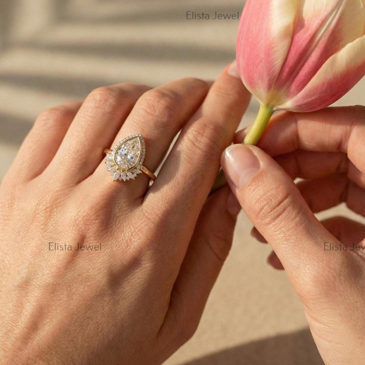 Pear Lab-Grown Diamond Halo Ring, Yellow Gold Art Deco Engagement Ring
