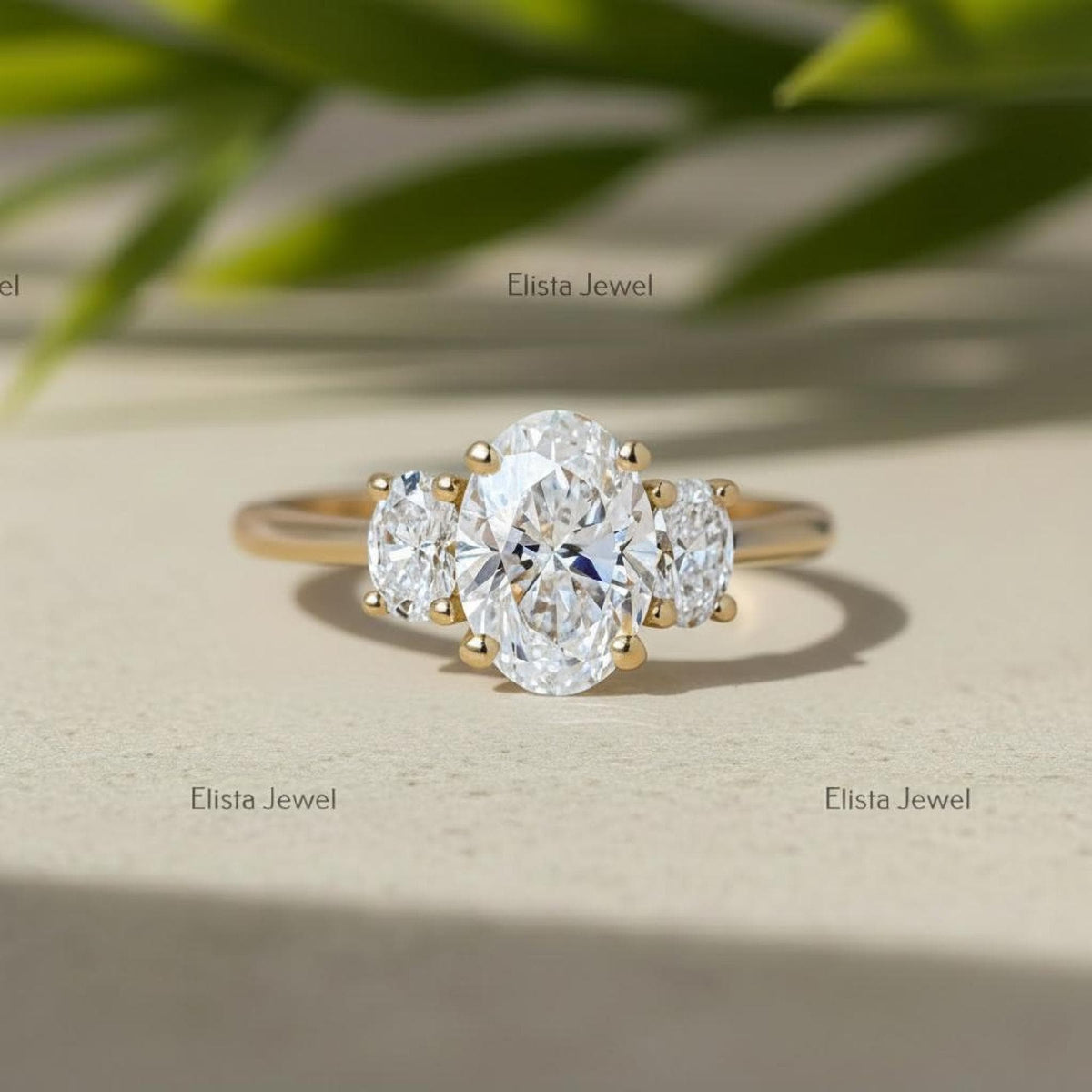 Oval Lab-Grown Diamond Three-Stone Engagement Ring, 14K Yellow Gold Trilogy Wedding Band