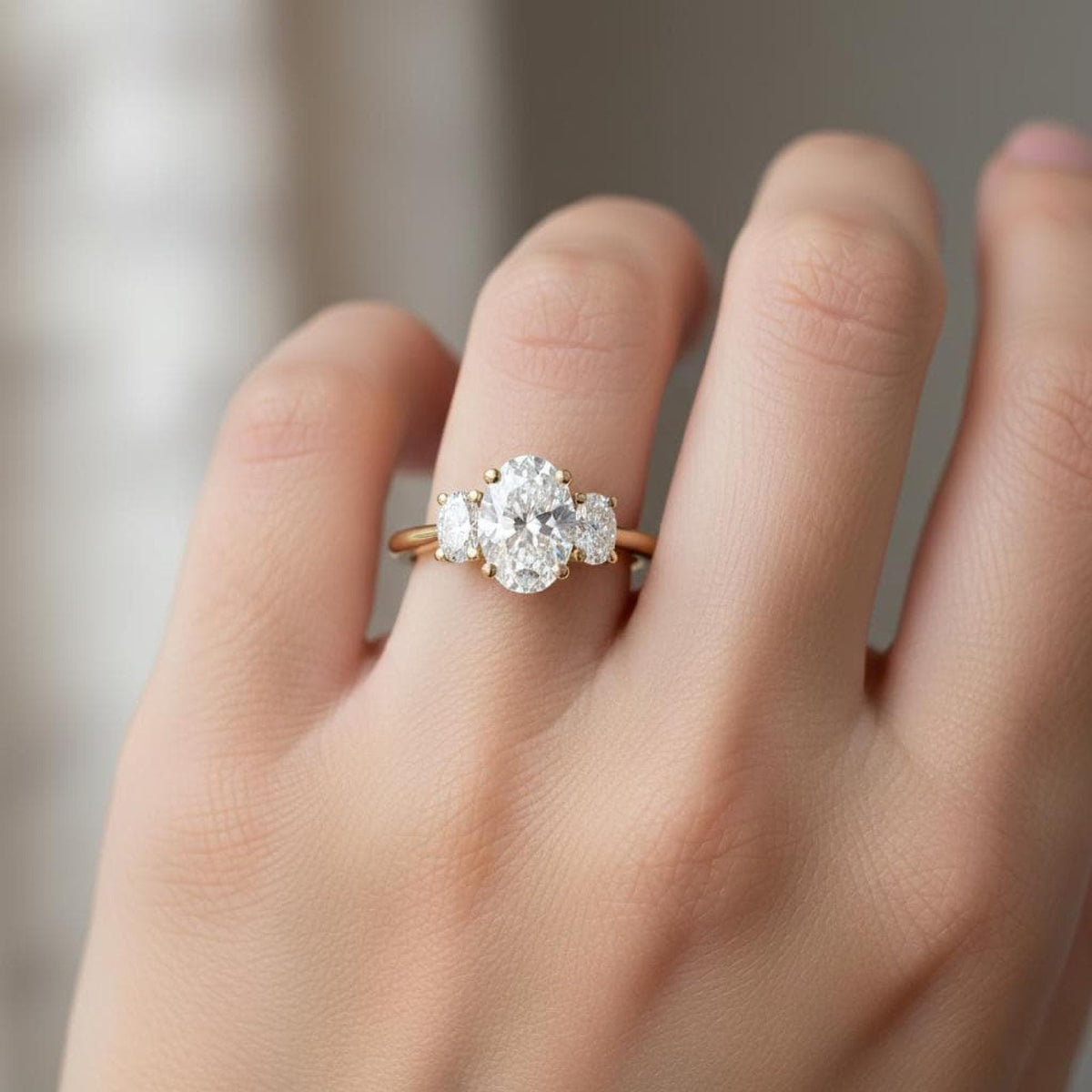 Oval Lab-Grown Diamond Three-Stone Engagement Ring, 14K Yellow Gold Trilogy Wedding Band