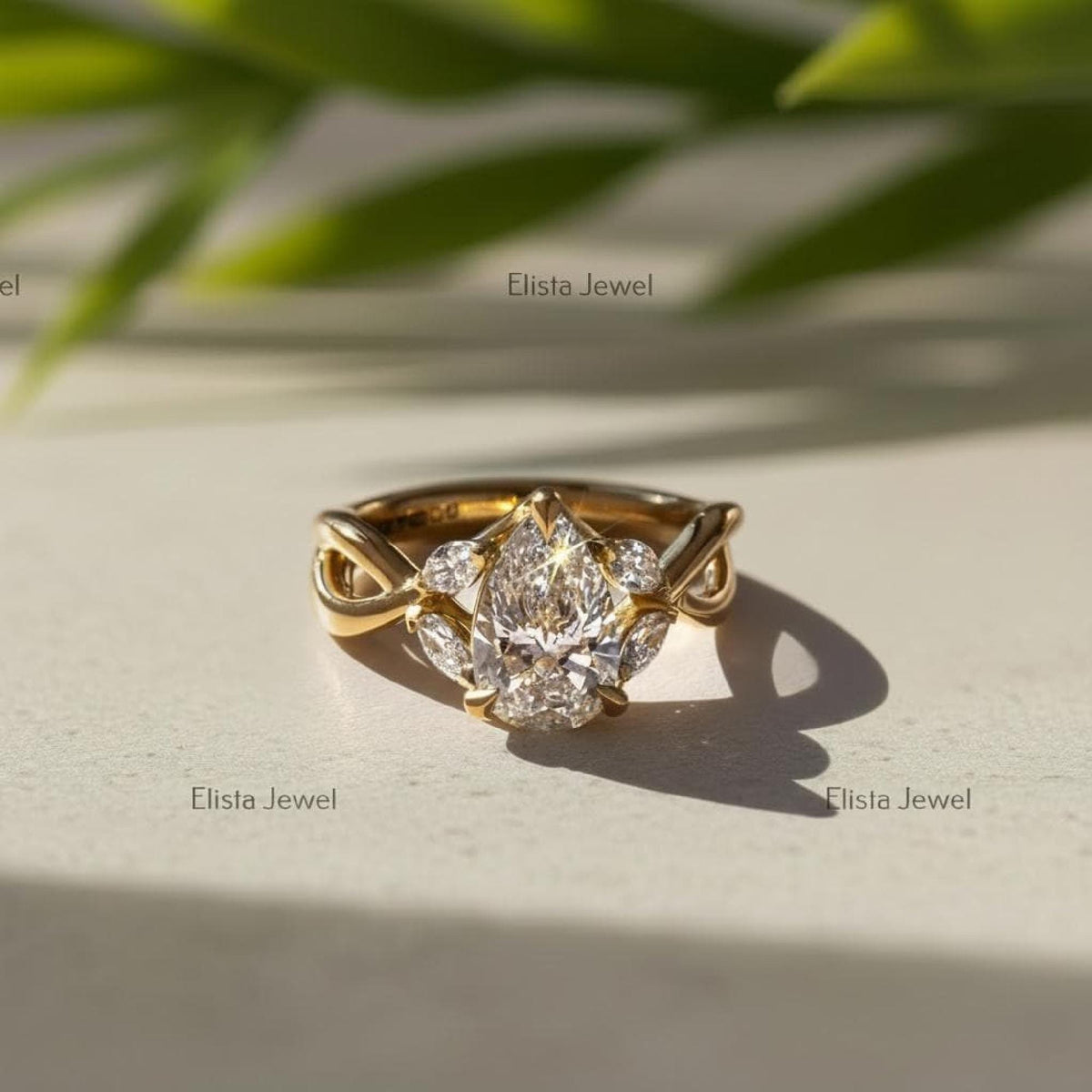 Pear Lab-grown Diamond Engagement Ring Yellow Gold Split Shank Vine Marquise Side Stones