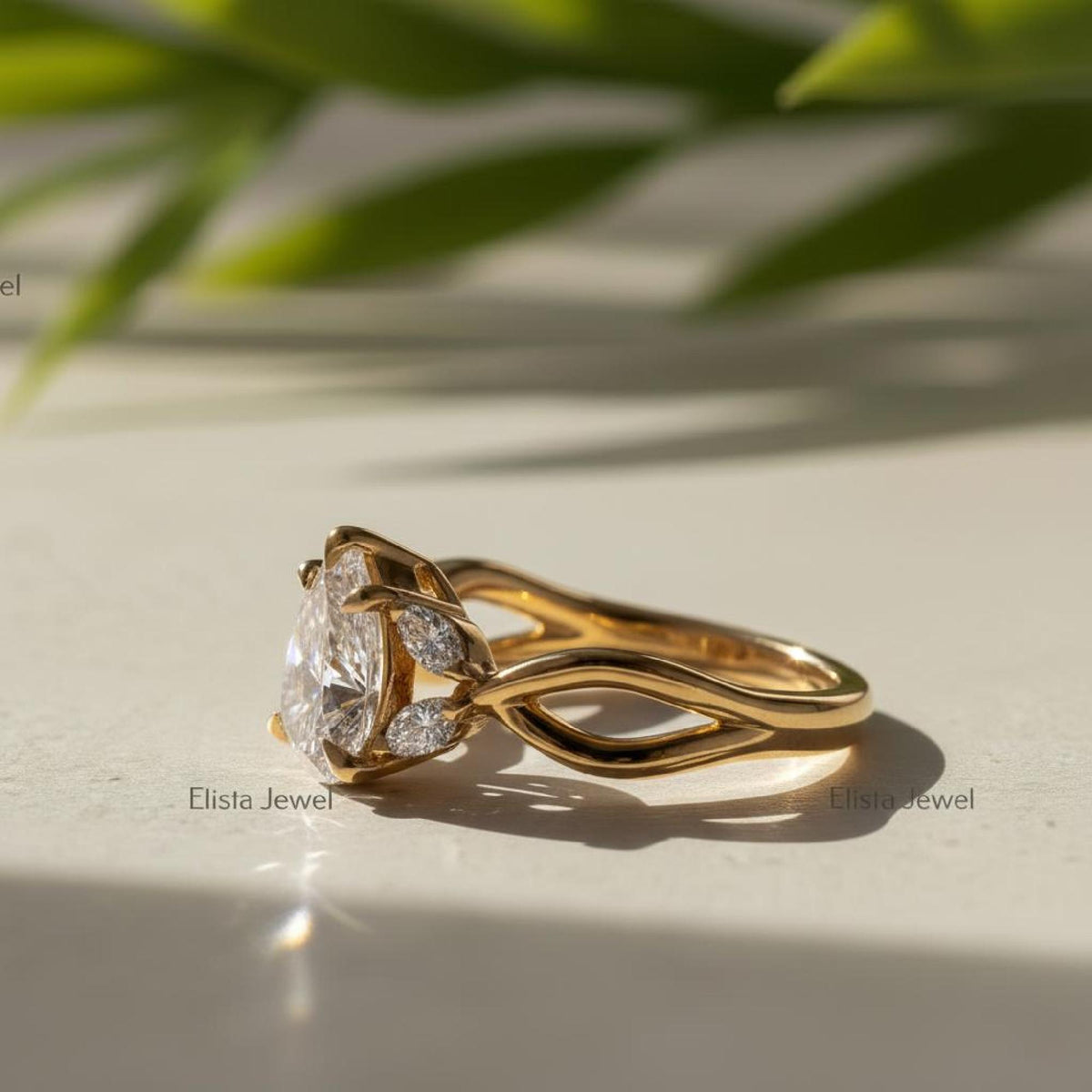 Pear Lab-grown Diamond Engagement Ring Yellow Gold Split Shank Vine Marquise Side Stones