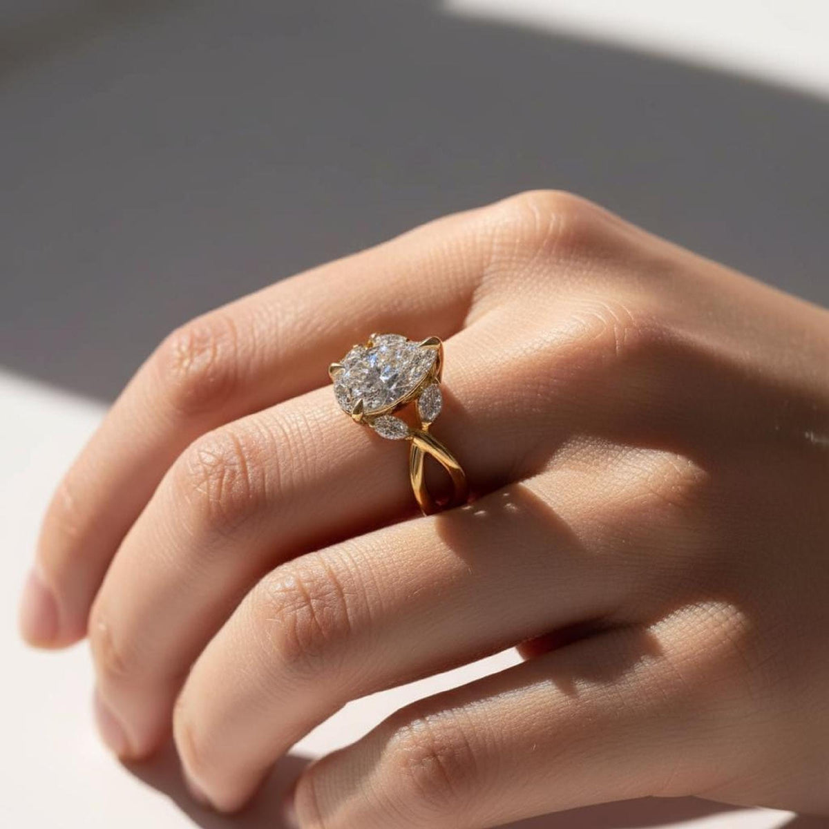 Pear Lab-grown Diamond Engagement Ring Yellow Gold Split Shank Vine Marquise Side Stones