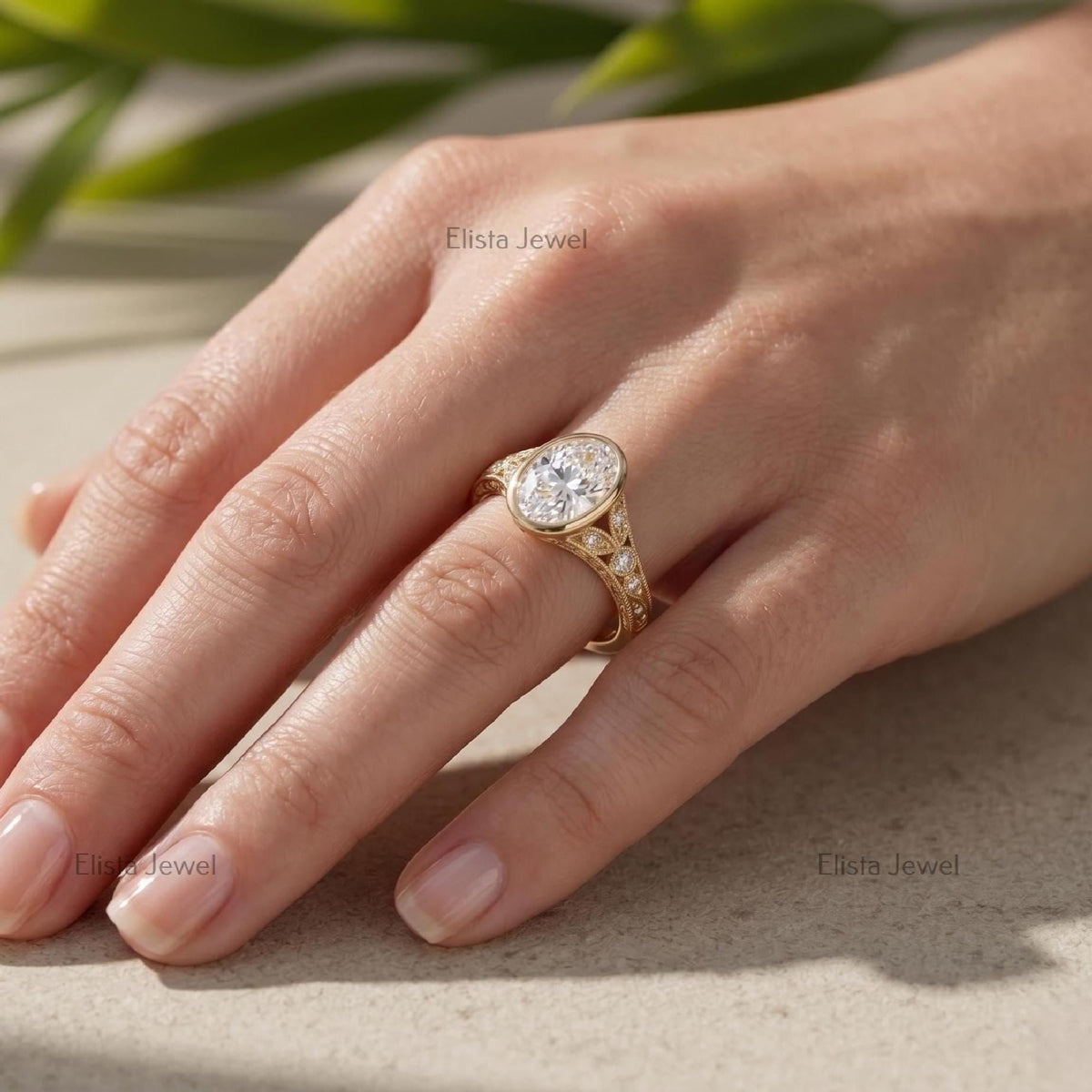 Oval Lab Grown Diamond Bezel Engagement Ring, 14K Yellow Gold Filigree Milgrain Band, IGI Certified Diamond