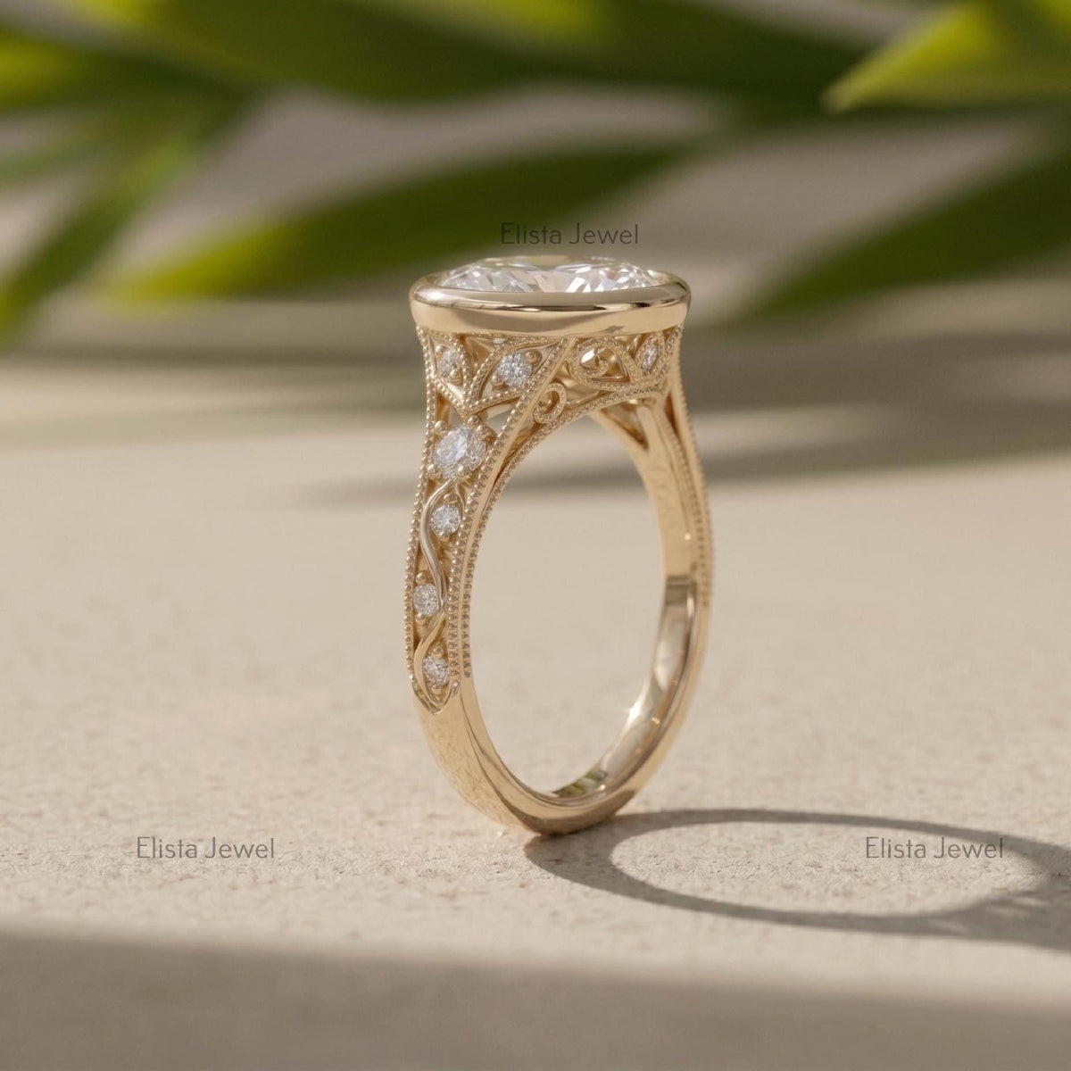 Oval Lab Grown Diamond Bezel Engagement Ring, 14K Yellow Gold Filigree Milgrain Band, IGI Certified Diamond