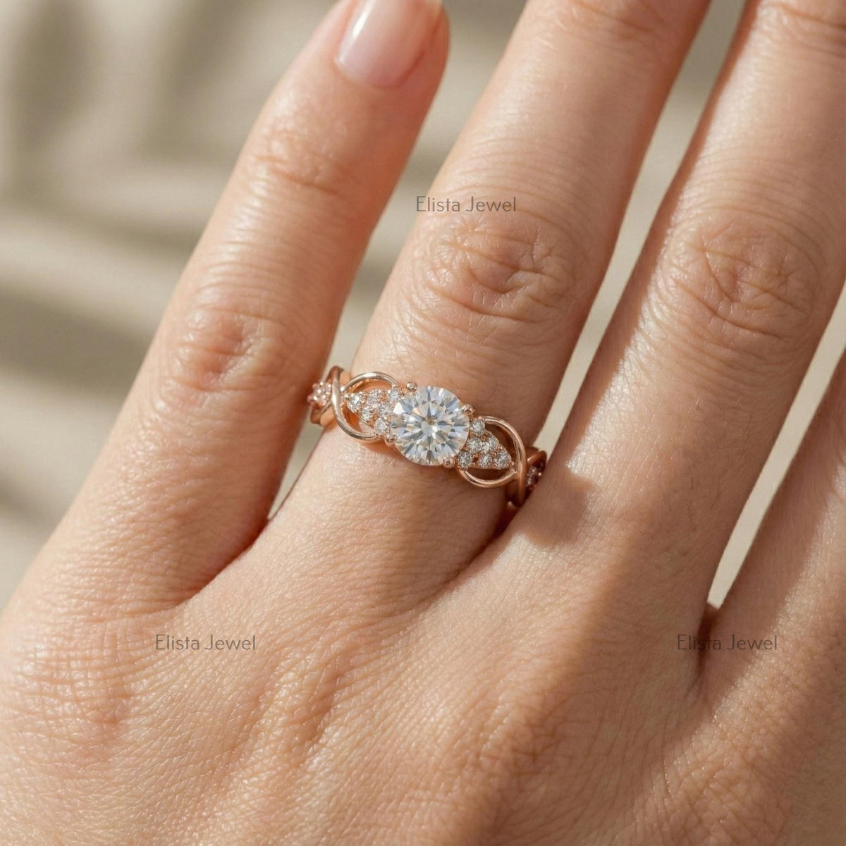 Infinity Ring Round Lab-Grown Diamond Rose Gold Engagement Accent Diamonds