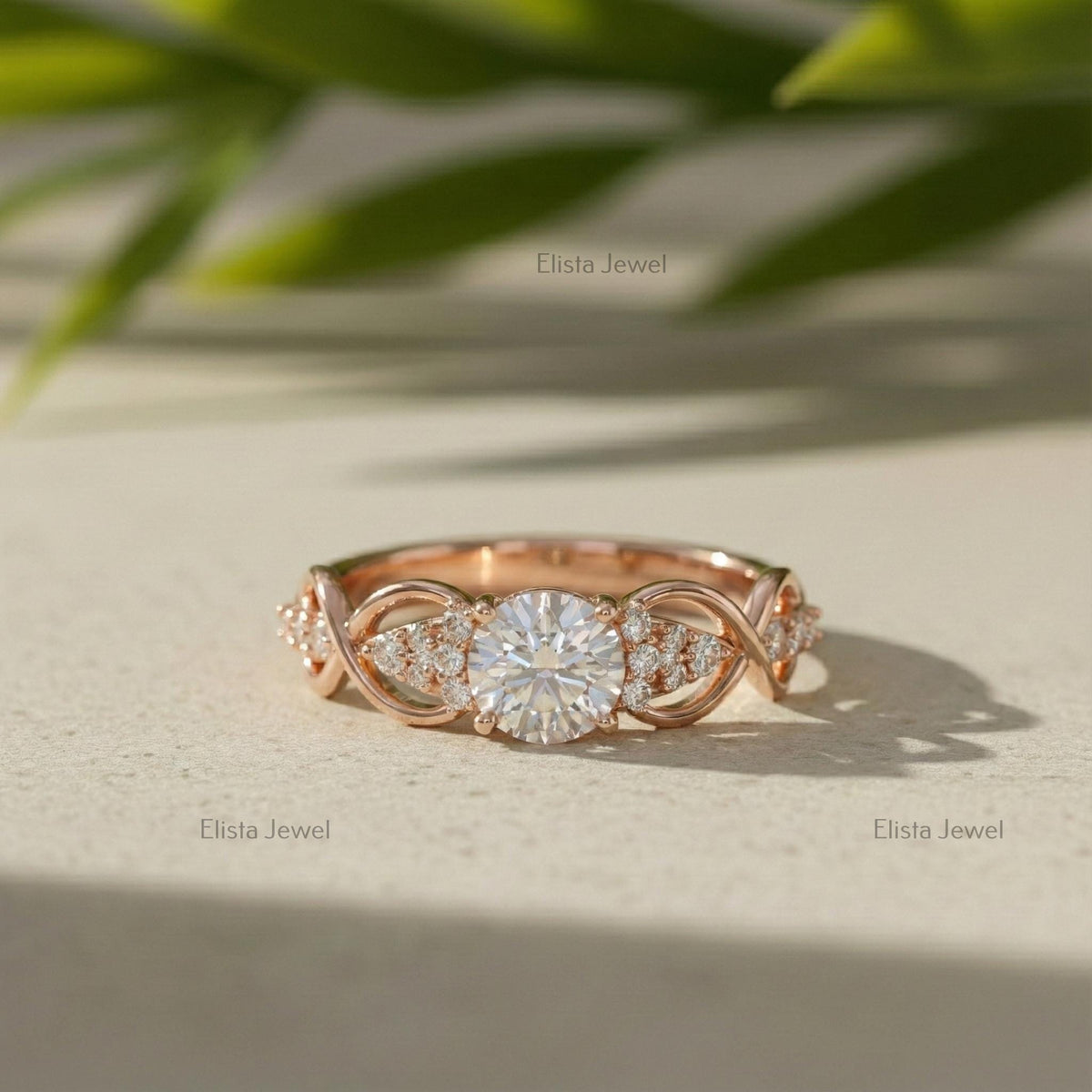 Infinity Ring Round Lab-Grown Diamond Rose Gold Engagement Accent Diamonds