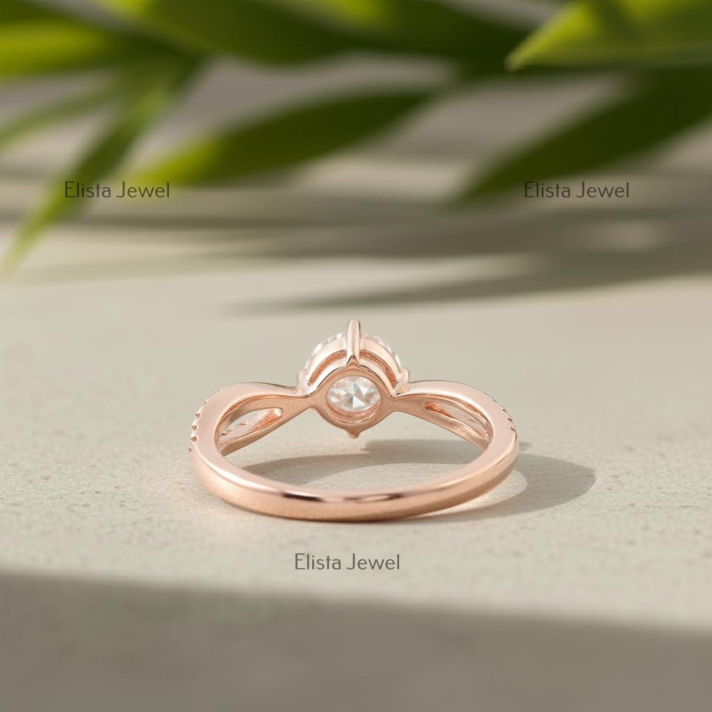 Lab-Grown Diamond Engagement Ring, Rose Gold Twisted Band, Pave Accents