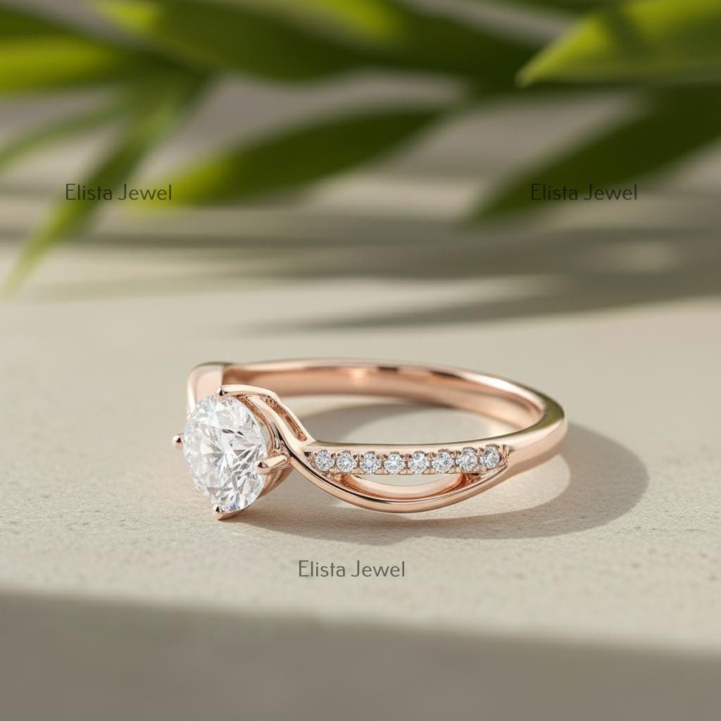 Lab-Grown Diamond Engagement Ring, Rose Gold Twisted Band, Pave Accents