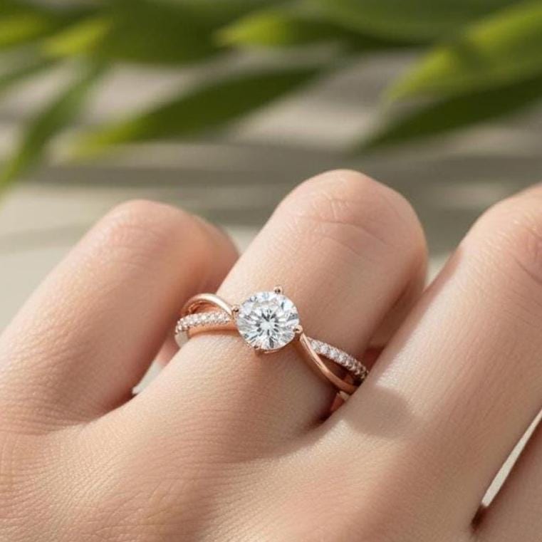 Lab-Grown Diamond Engagement Ring, Rose Gold Twisted Band, Pave Accents