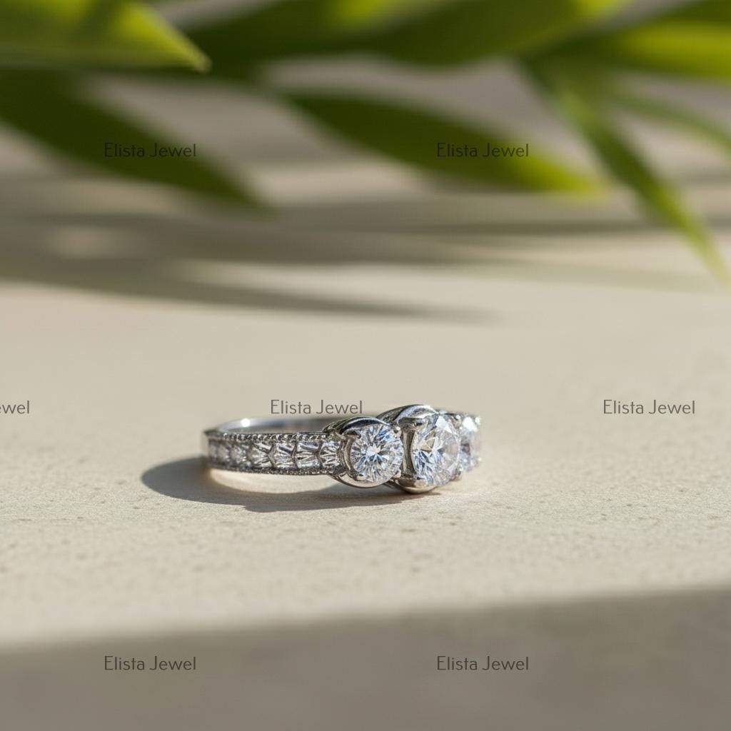 Lab Grown Diamond Trilogy Ring, 14K White Gold Engagement Ring