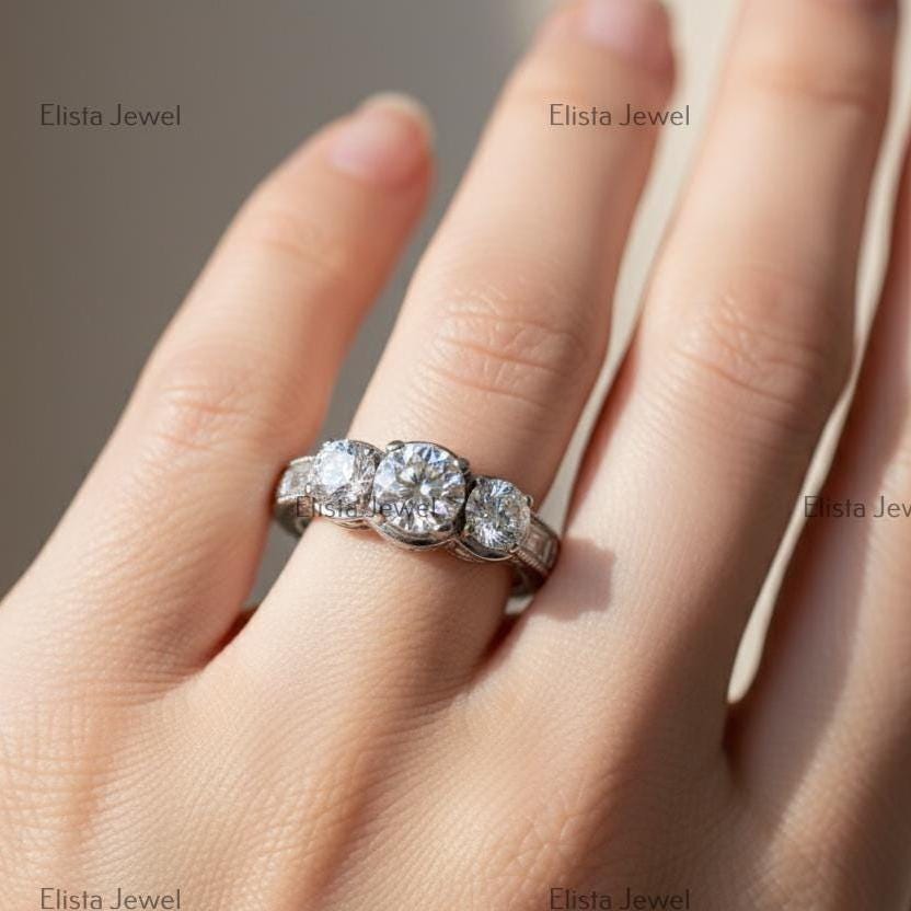 Lab Grown Diamond Trilogy Ring, 14K White Gold Engagement Ring