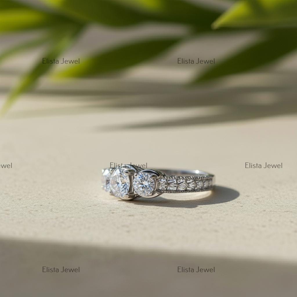 Lab Grown Diamond Trilogy Ring, 14K White Gold Engagement Ring