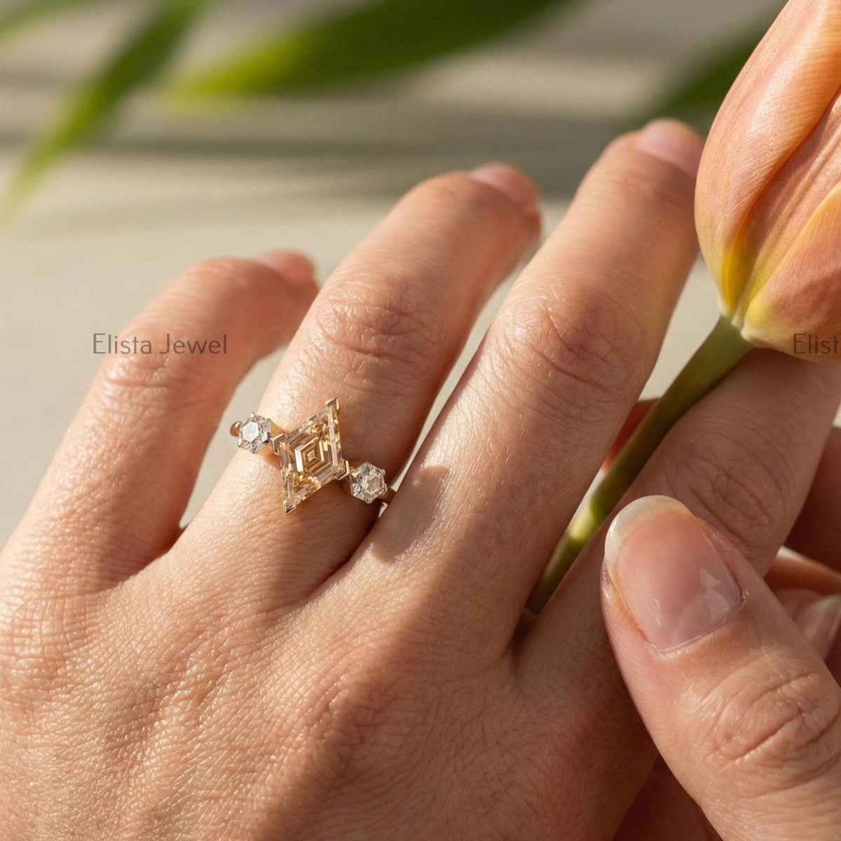 Lozenge Cut Lab Grown Diamond Ring, 14K Gold Three Stone Engagement Ring (IGI Certified)