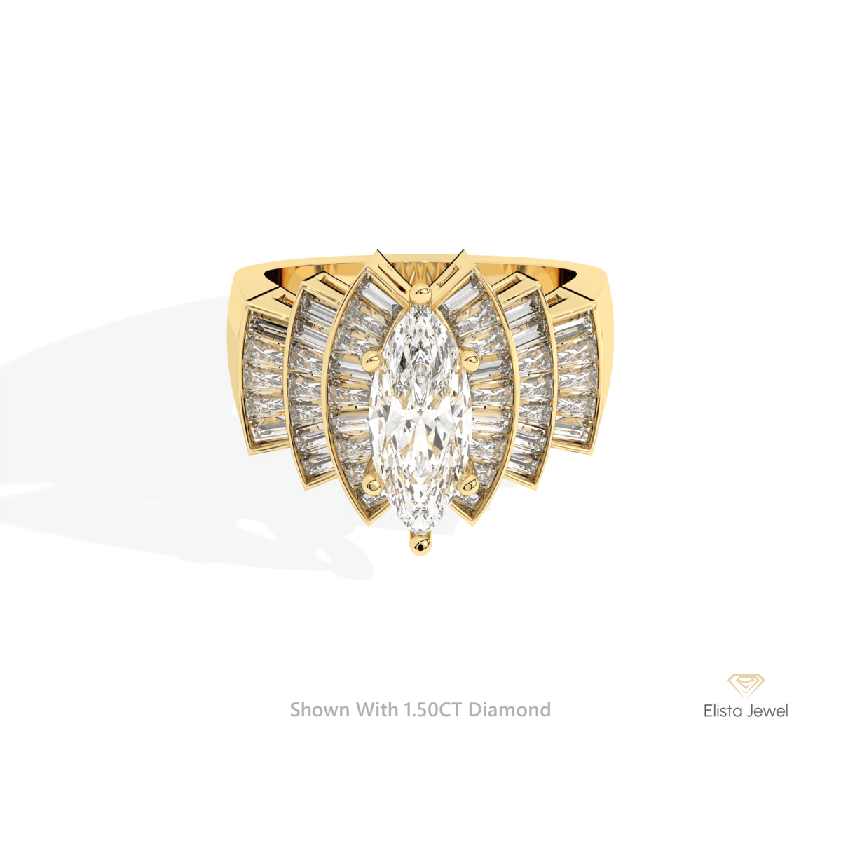 Marquise Cut Accent Art Deco Lab Grown Diamond Ring in 18K Rose Gold - Ring on Hand View