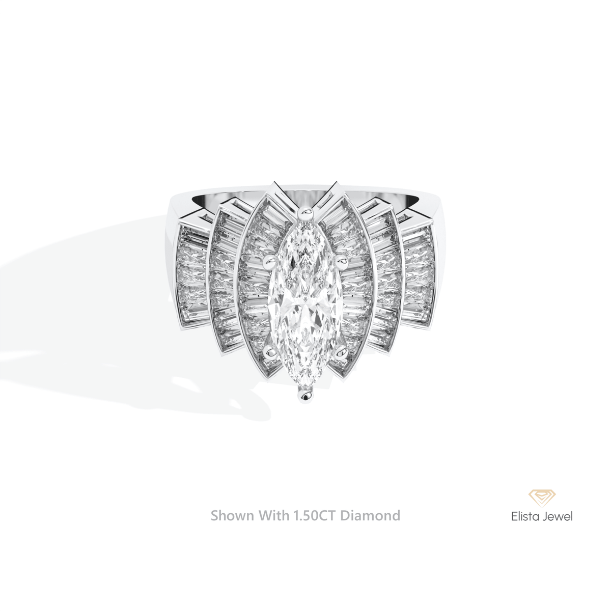 Marquise Cut Accent Art Deco Lab Grown Diamond Ring in 14K Yellow Gold - Detail View