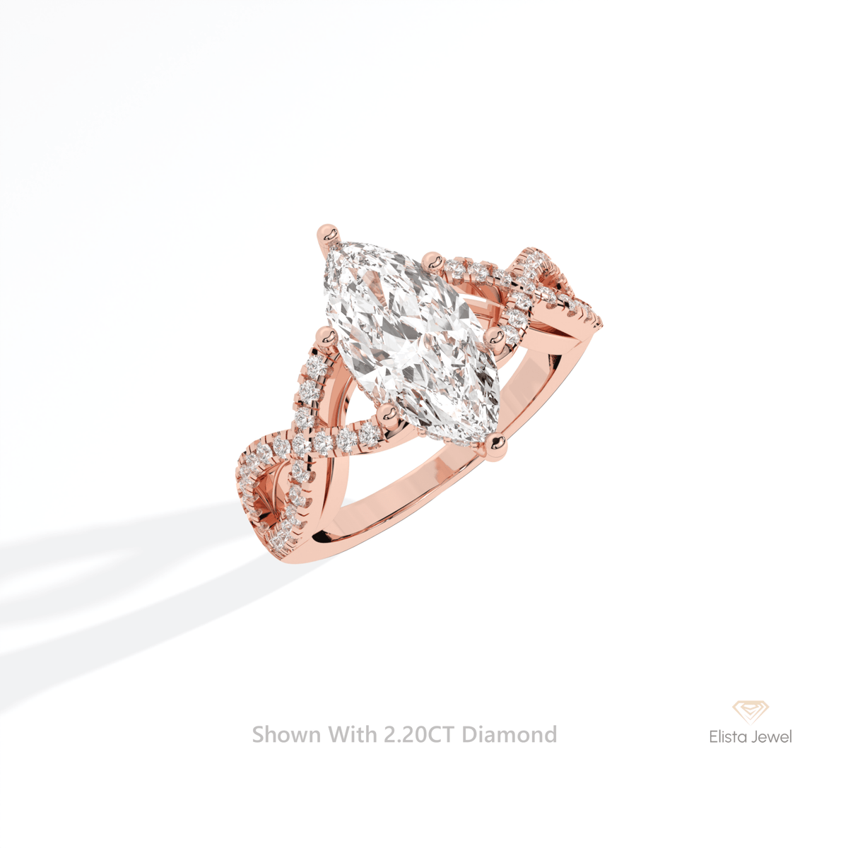 Marquise Cut Crossover Engagement Lab Grown Diamond Ring in 10K Rose Gold - Angled View